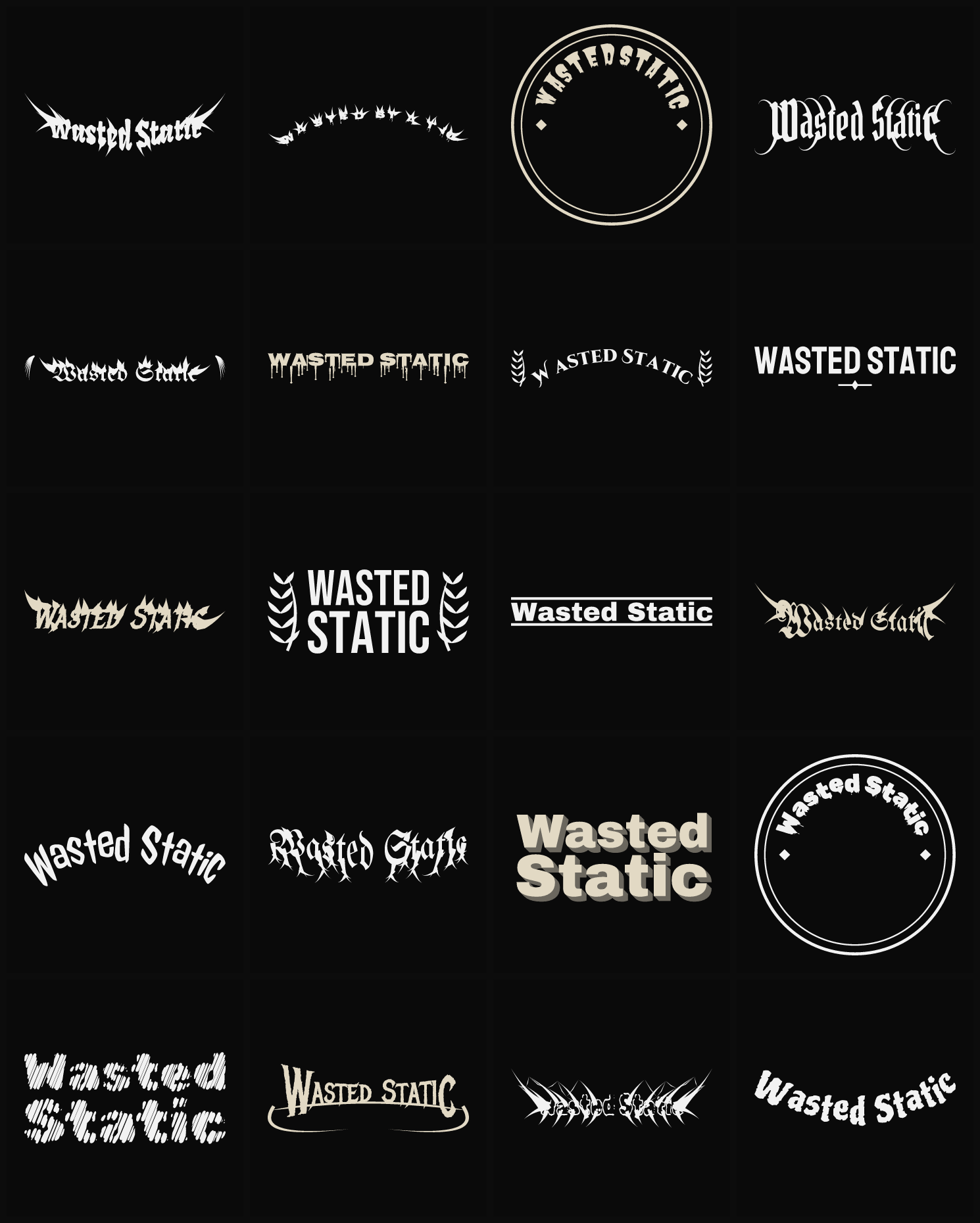 Twenty Wasted Static band logo ideas — different faces, treatments and spike settings