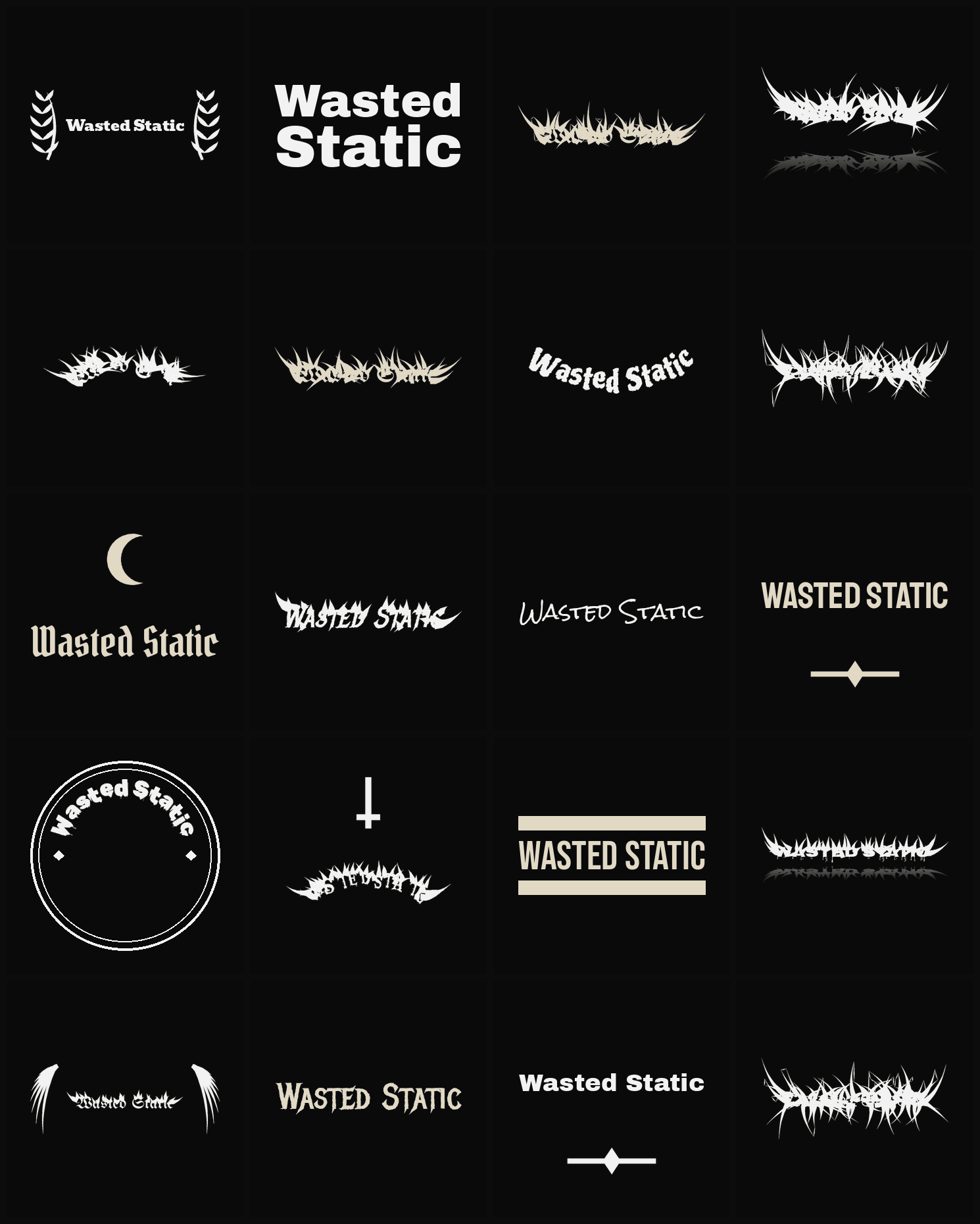 Twenty Wasted Static band logo ideas — different faces, treatments and spike settings