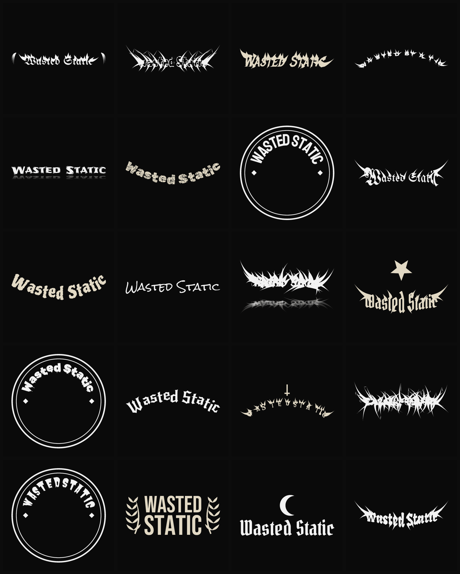 Twenty Wasted Static band logo ideas — different faces, treatments and spike settings