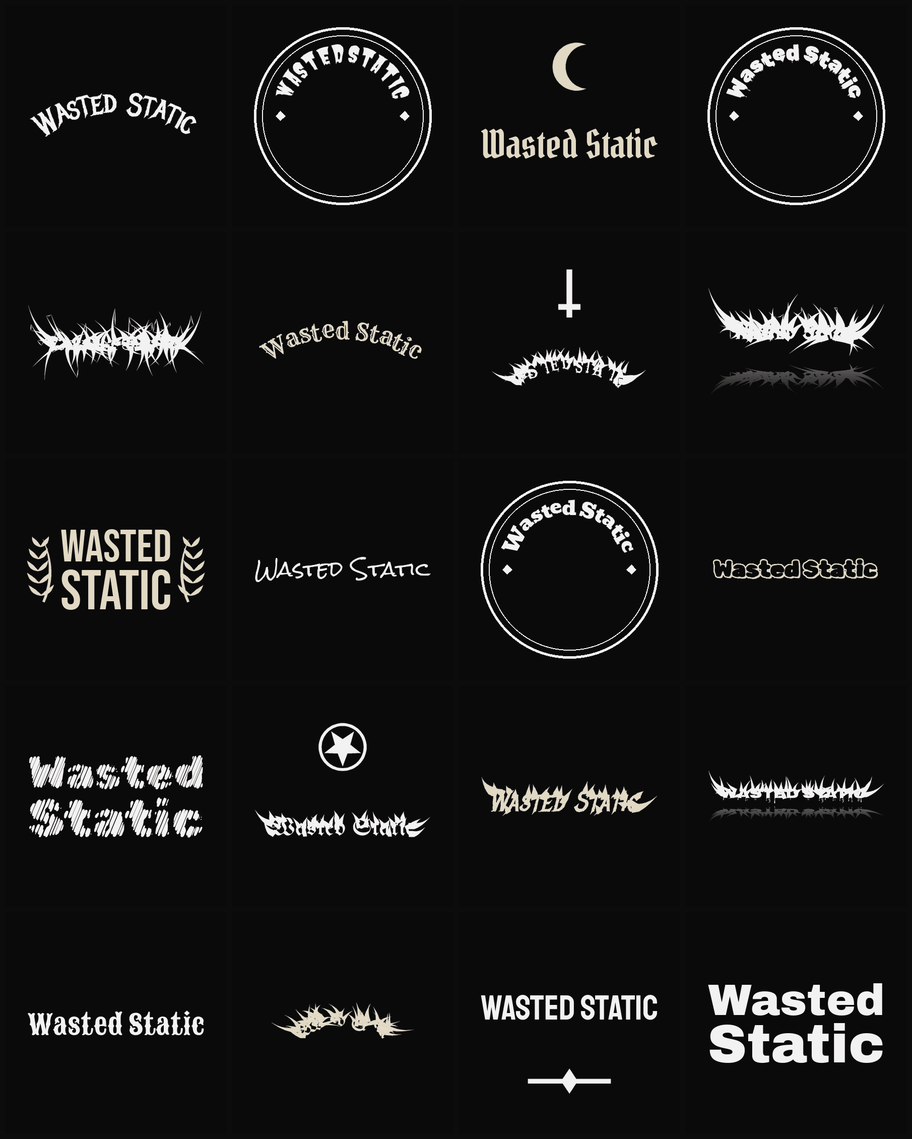 Twenty Wasted Static band logo ideas — different faces, treatments and spike settings
