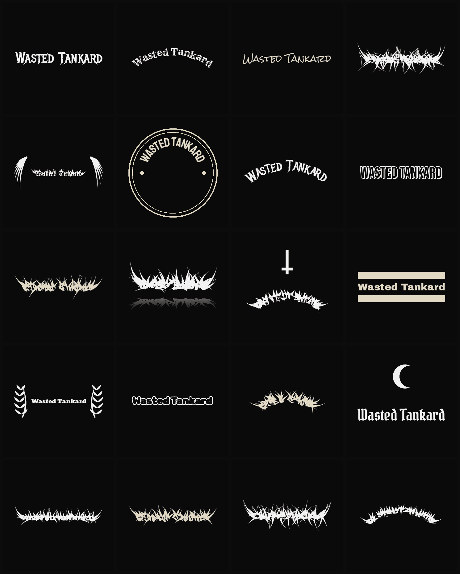 Twenty Wasted Tankard band logo ideas — different faces, treatments and spike settings