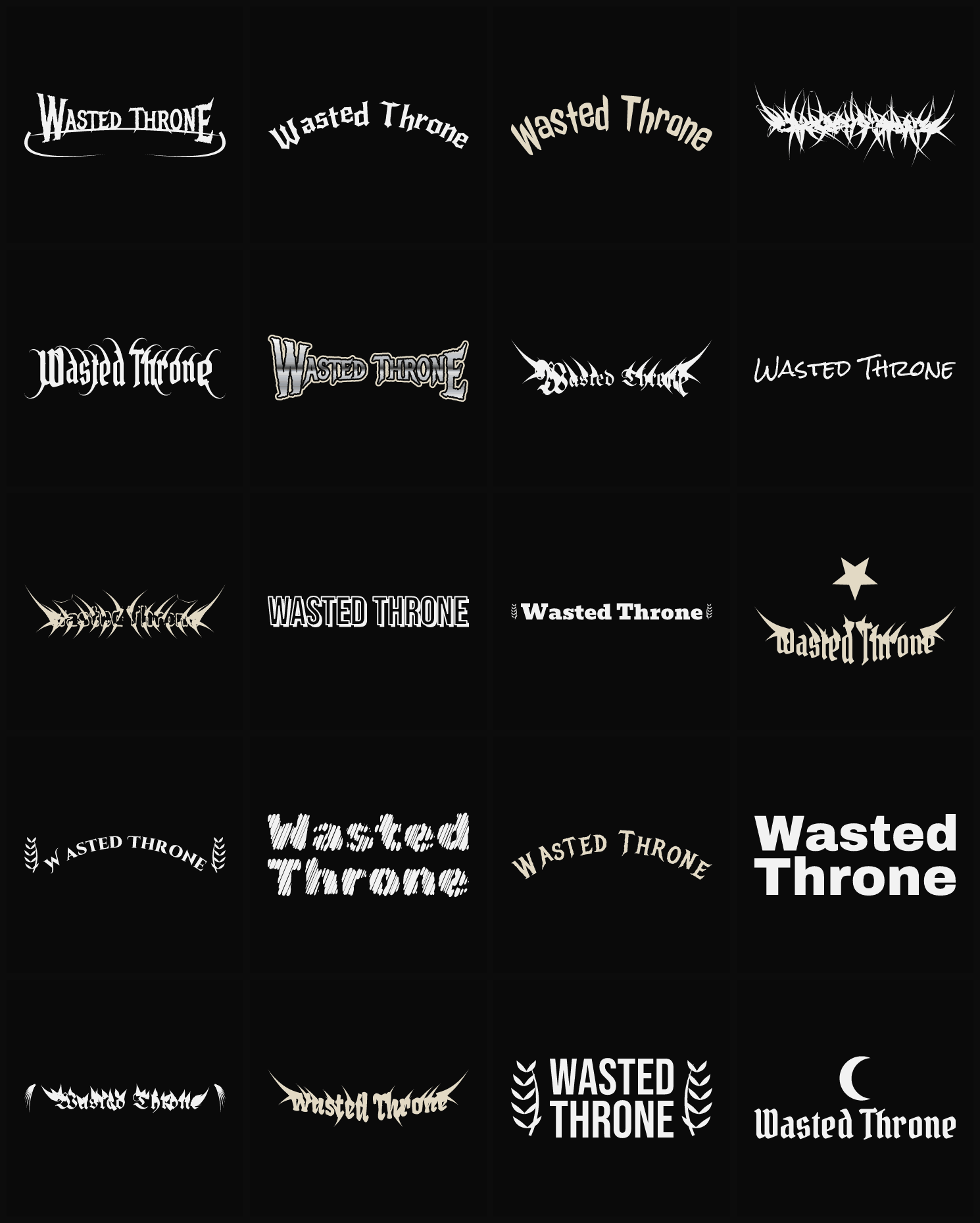 Twenty Wasted Throne band logo ideas — different faces, treatments and spike settings