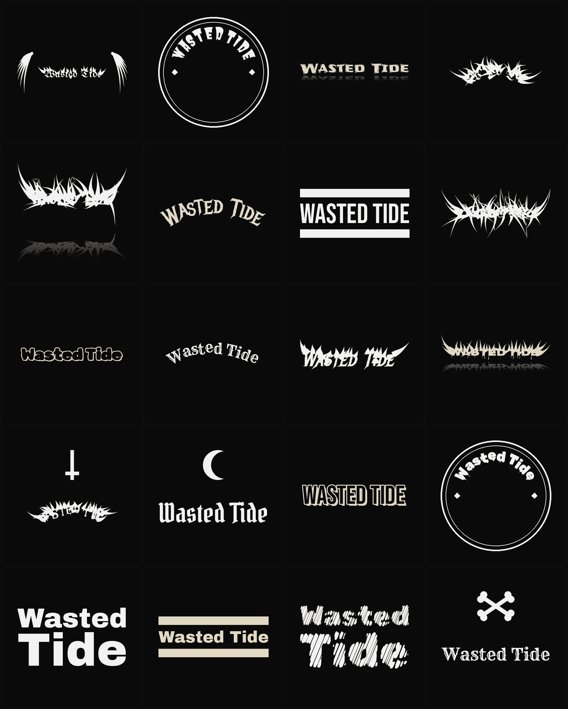 Twenty Wasted Tide band logo ideas — different faces, treatments and spike settings