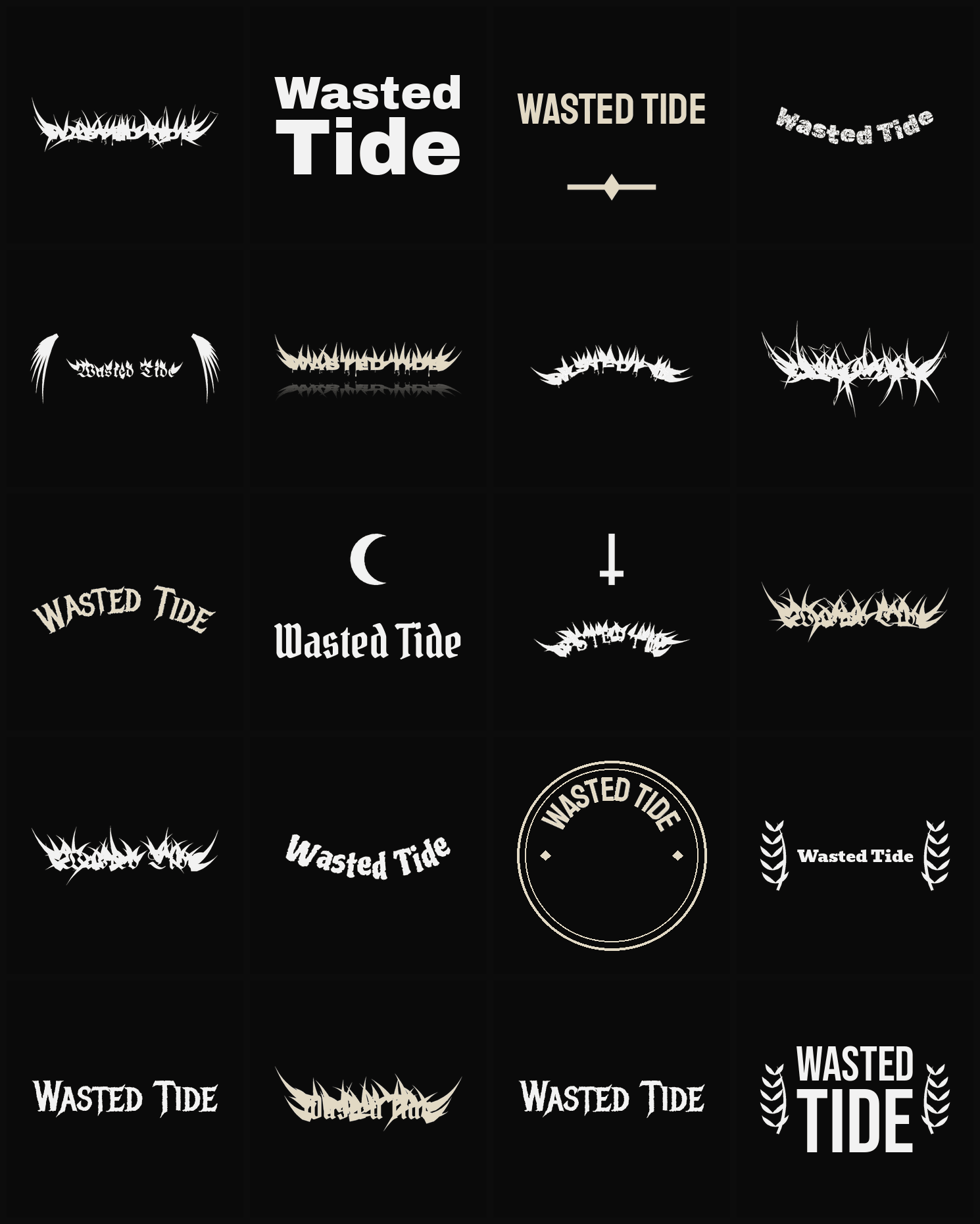 Twenty Wasted Tide band logo ideas — different faces, treatments and spike settings