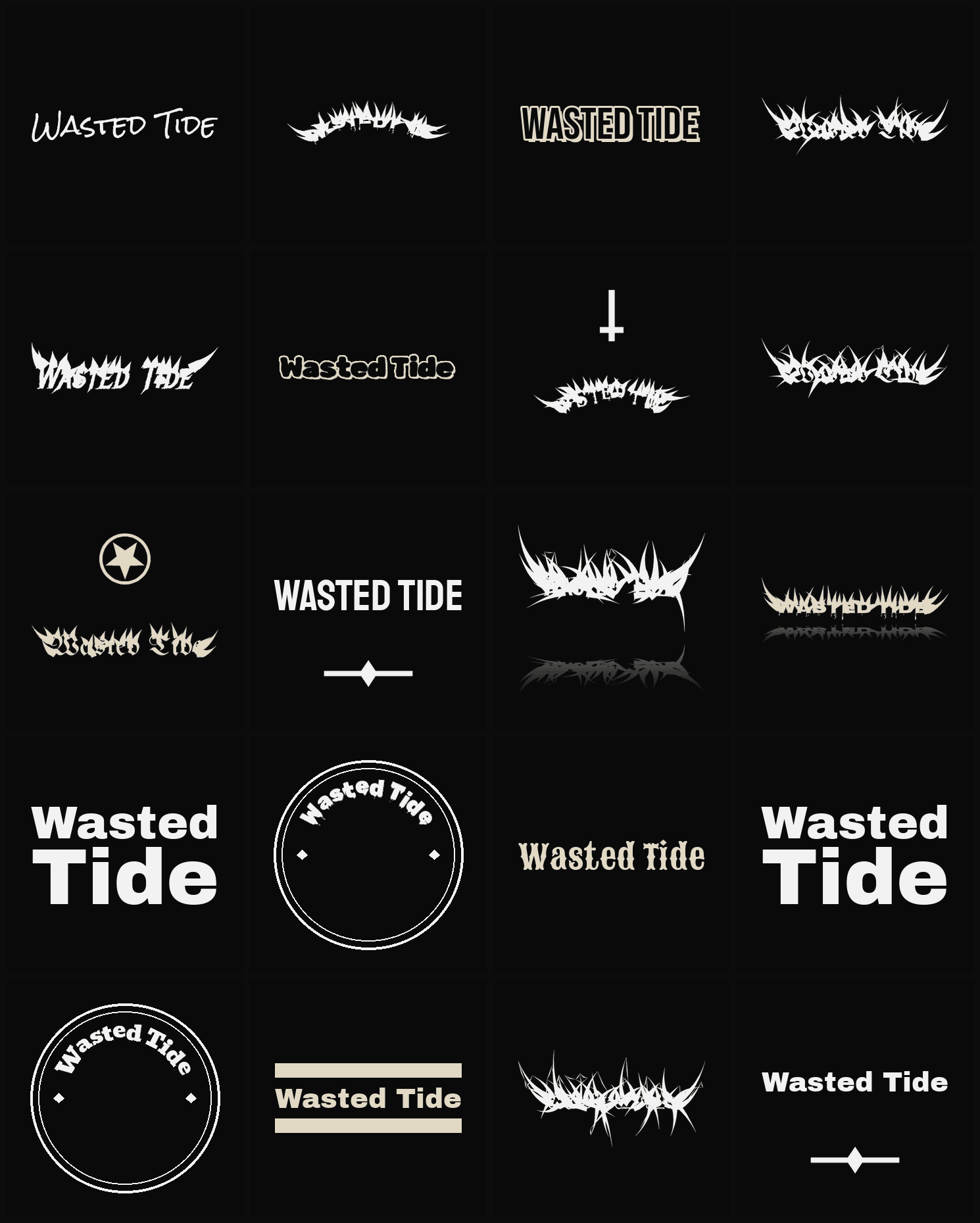Twenty Wasted Tide band logo ideas — different faces, treatments and spike settings