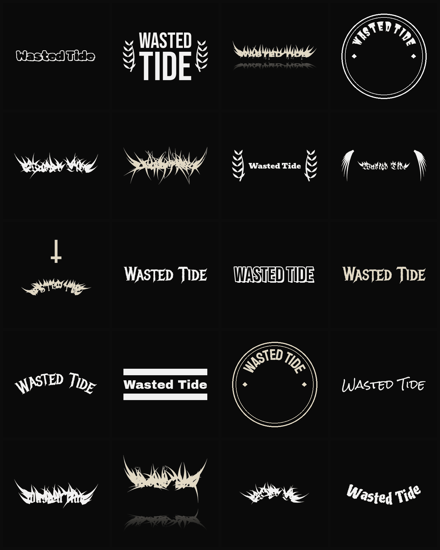 Twenty Wasted Tide band logo ideas — different faces, treatments and spike settings
