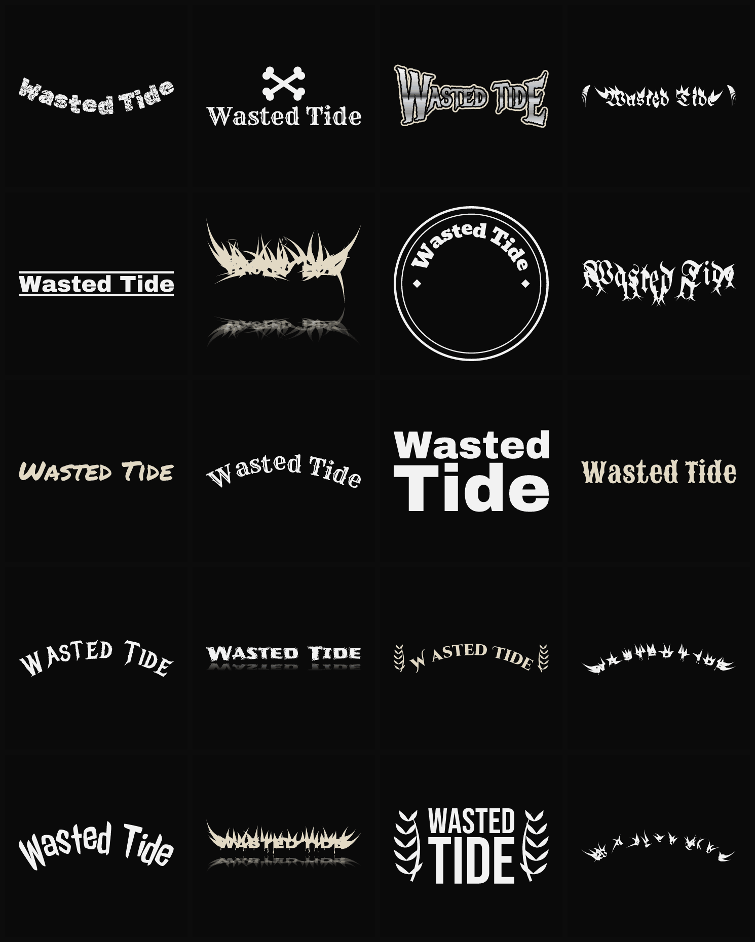 Twenty Wasted Tide band logo ideas — different faces, treatments and spike settings