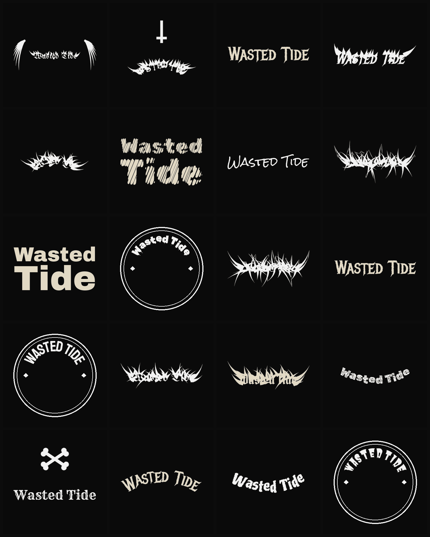 Twenty Wasted Tide band logo ideas — different faces, treatments and spike settings
