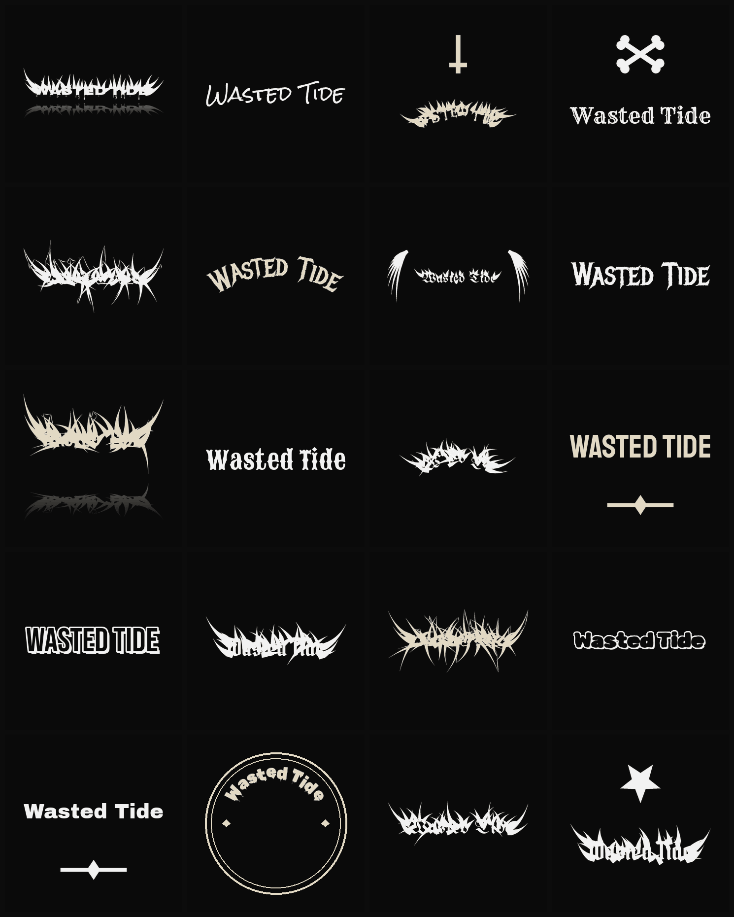 Twenty Wasted Tide band logo ideas — different faces, treatments and spike settings