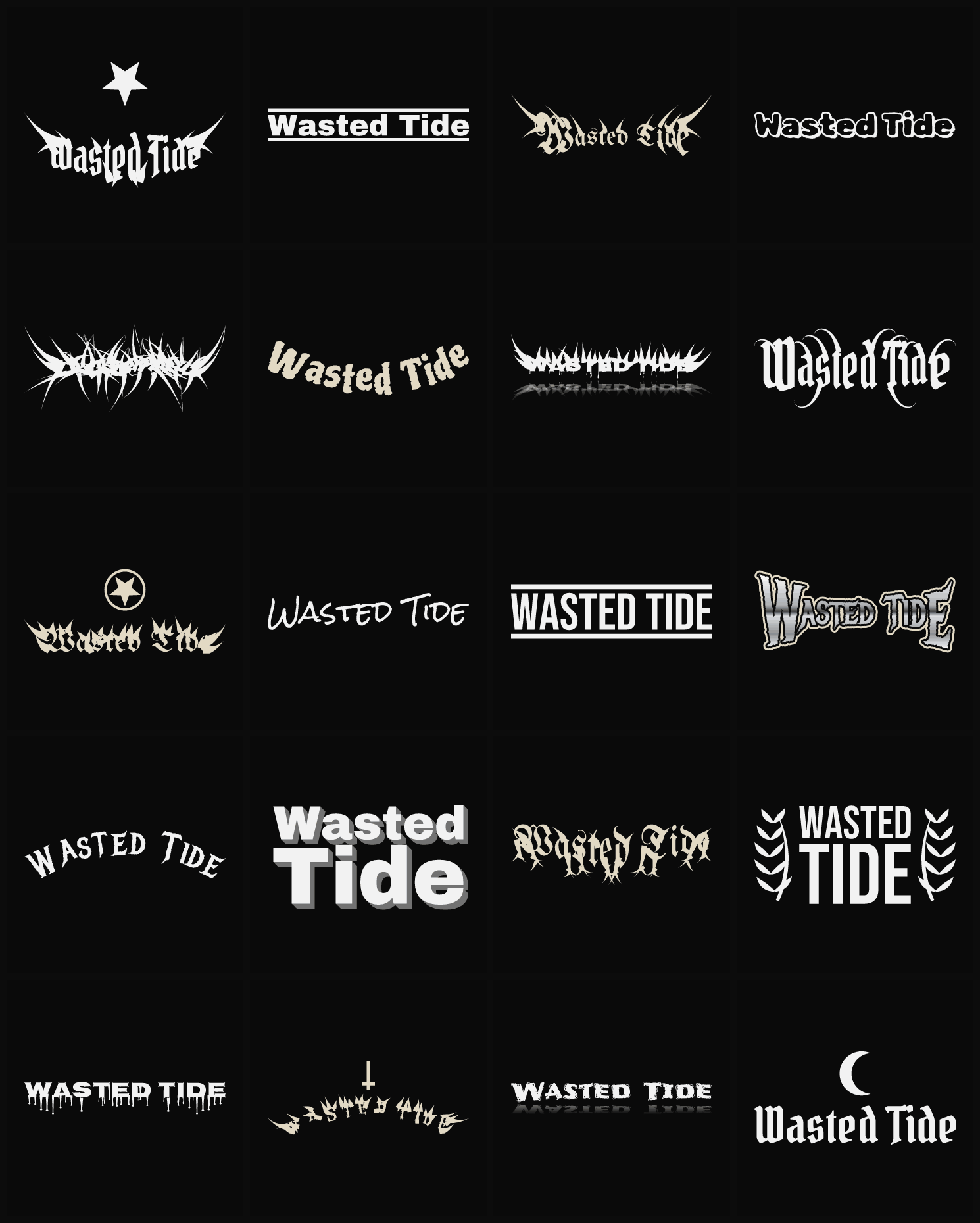 Twenty Wasted Tide band logo ideas — different faces, treatments and spike settings