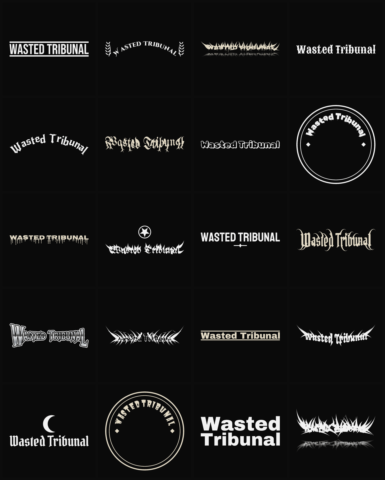 Twenty Wasted Tribunal band logo ideas — different faces, treatments and spike settings