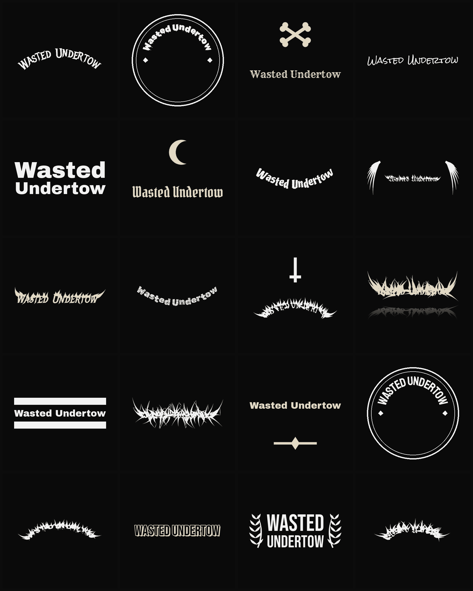 Twenty Wasted Undertow band logo ideas — different faces, treatments and spike settings