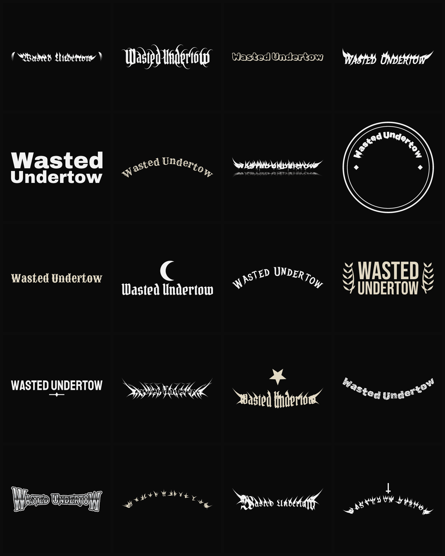 Twenty Wasted Undertow band logo ideas — different faces, treatments and spike settings