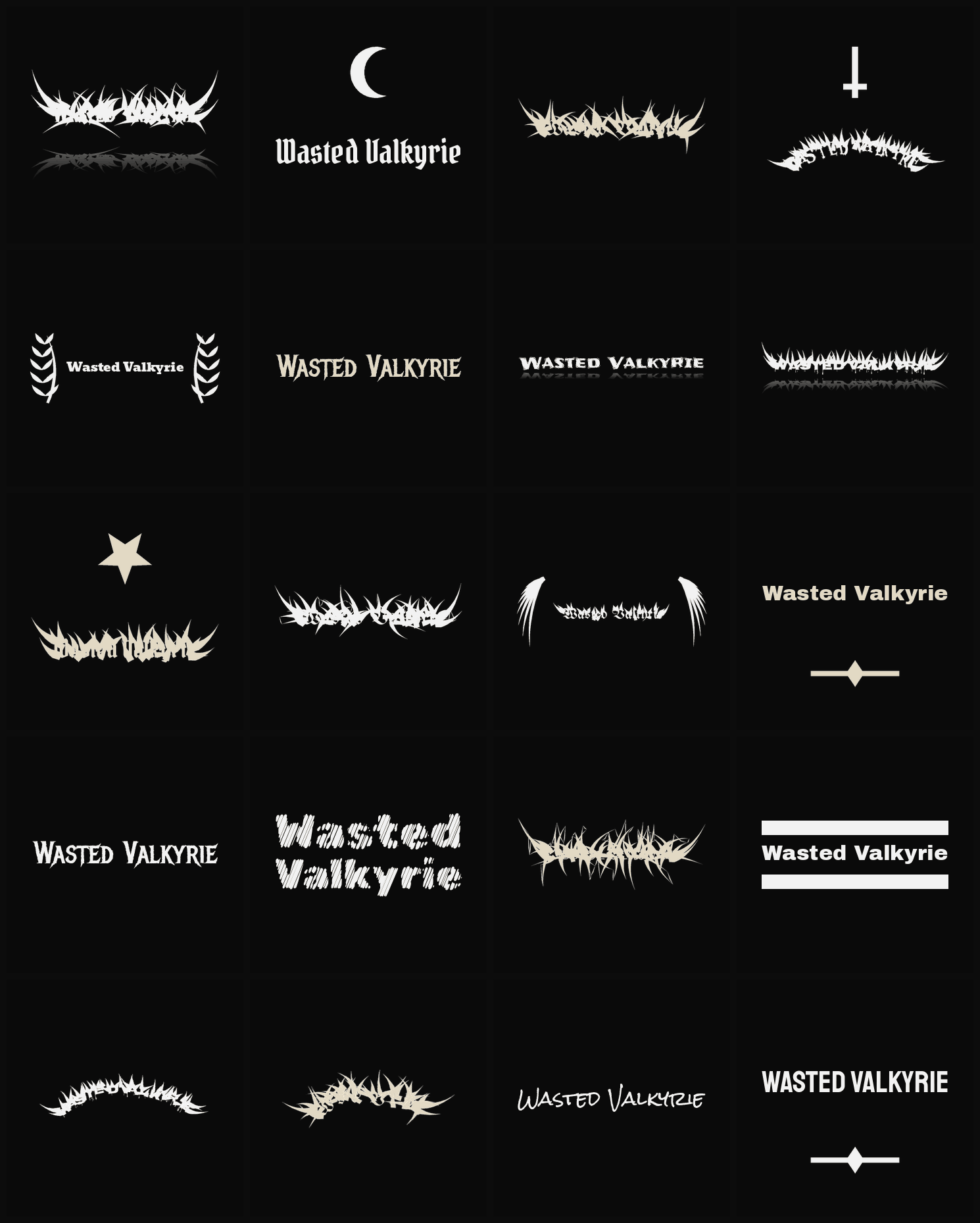Twenty Wasted Valkyrie band logo ideas — different faces, treatments and spike settings