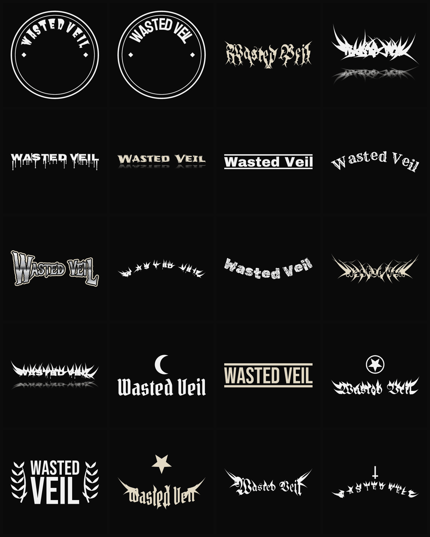 Twenty Wasted Veil band logo ideas — different faces, treatments and spike settings