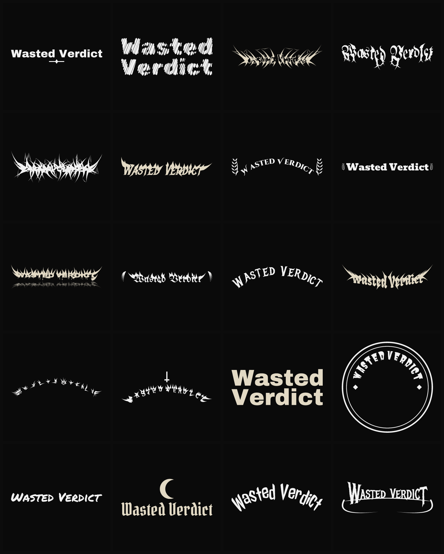 Twenty Wasted Verdict band logo ideas — different faces, treatments and spike settings