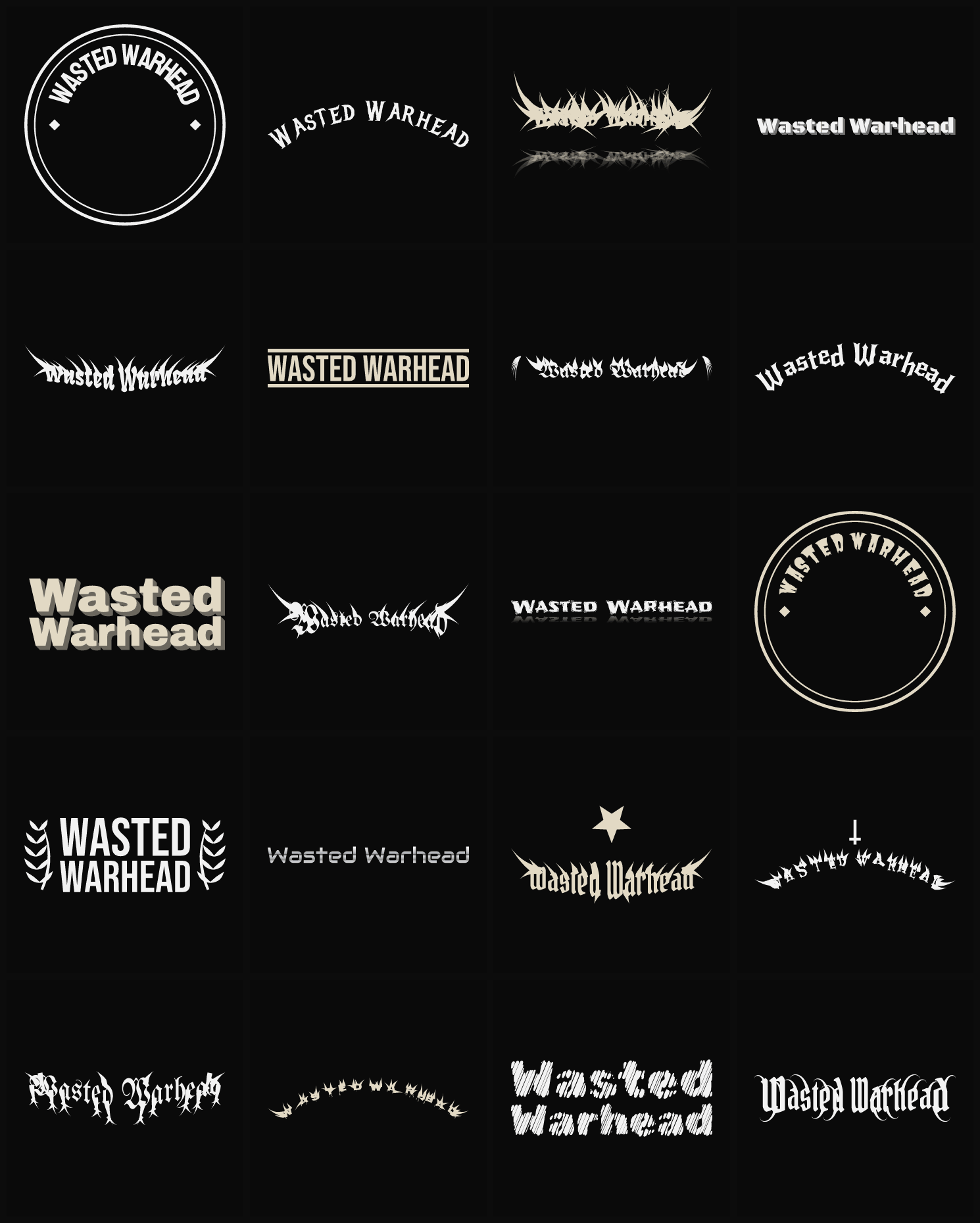 Twenty Wasted Warhead band logo ideas — different faces, treatments and spike settings