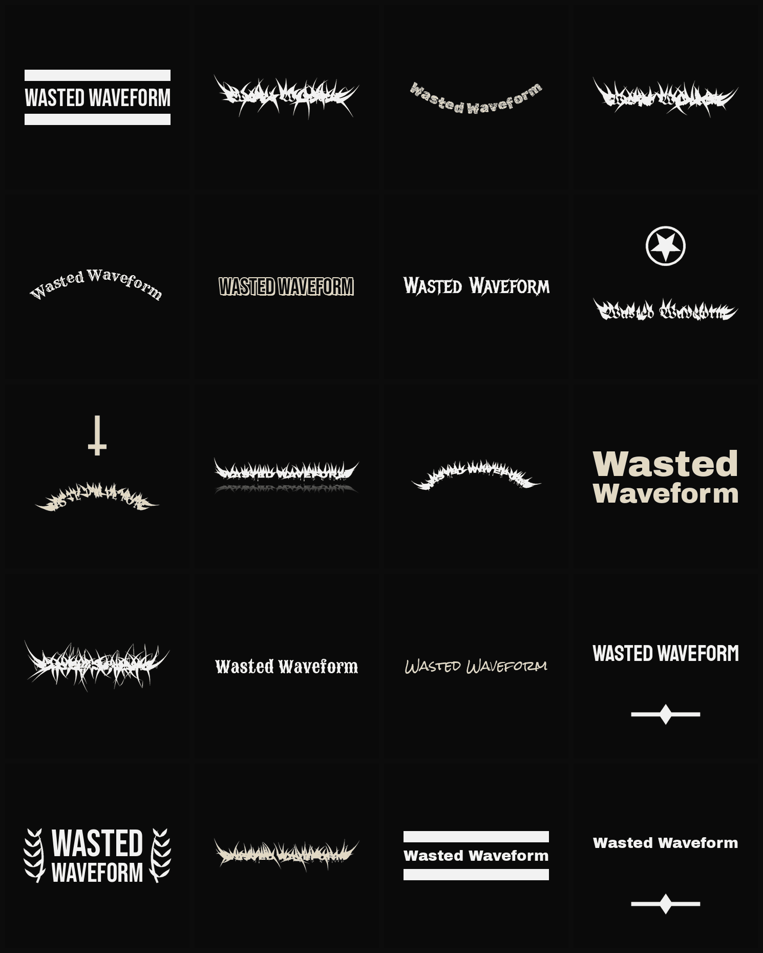 Twenty Wasted Waveform band logo ideas — different faces, treatments and spike settings