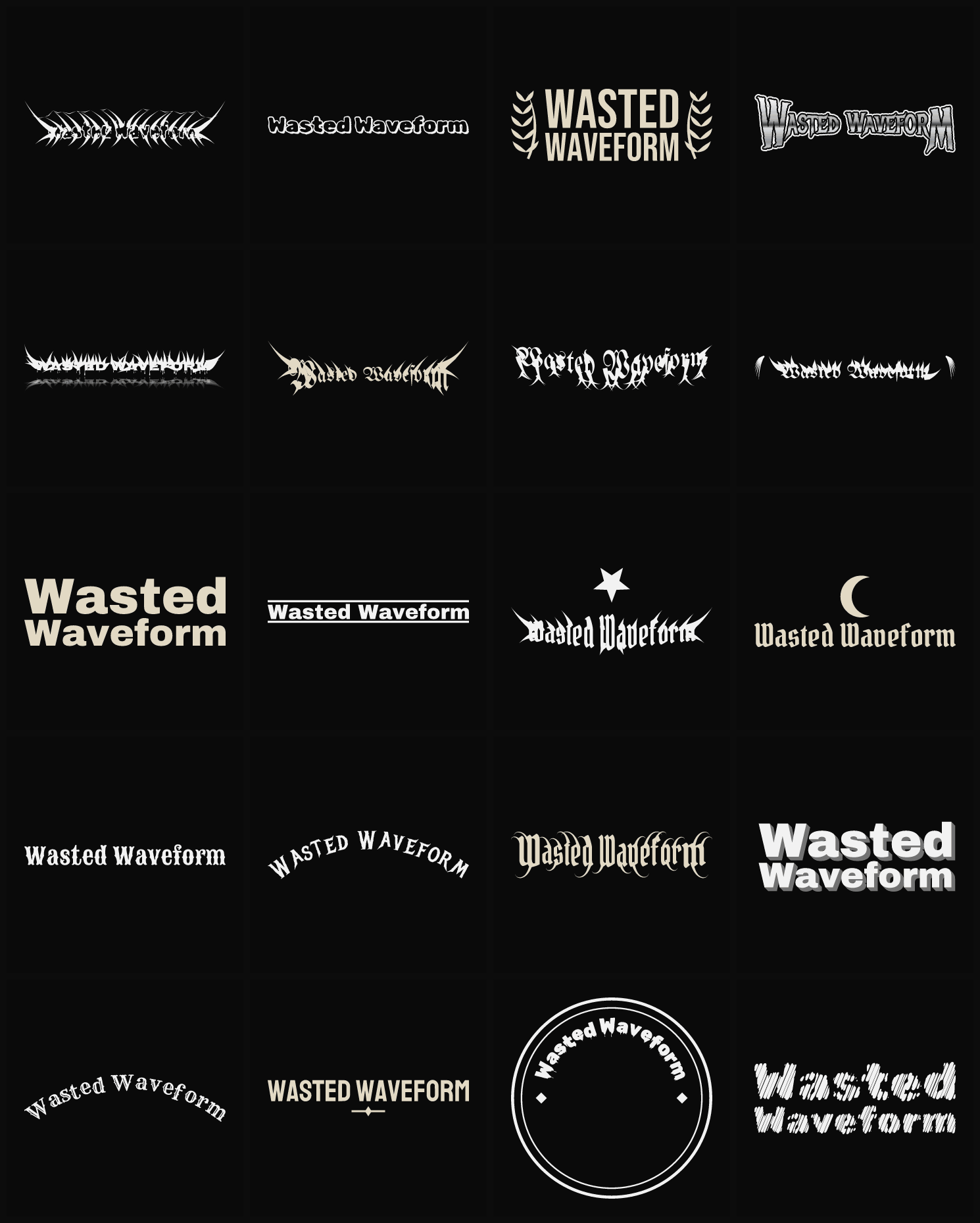 Twenty Wasted Waveform band logo ideas — different faces, treatments and spike settings