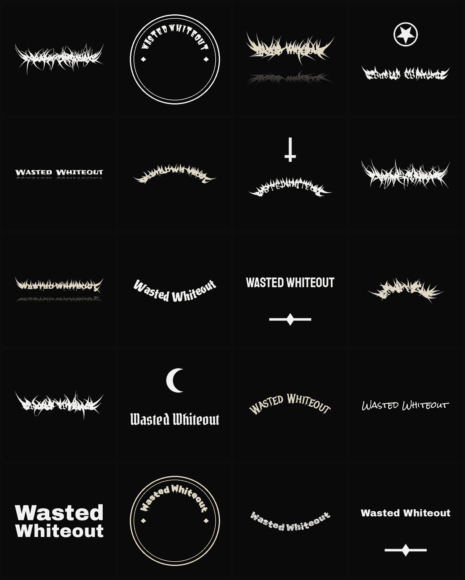 Twenty Wasted Whiteout band logo ideas — different faces, treatments and spike settings