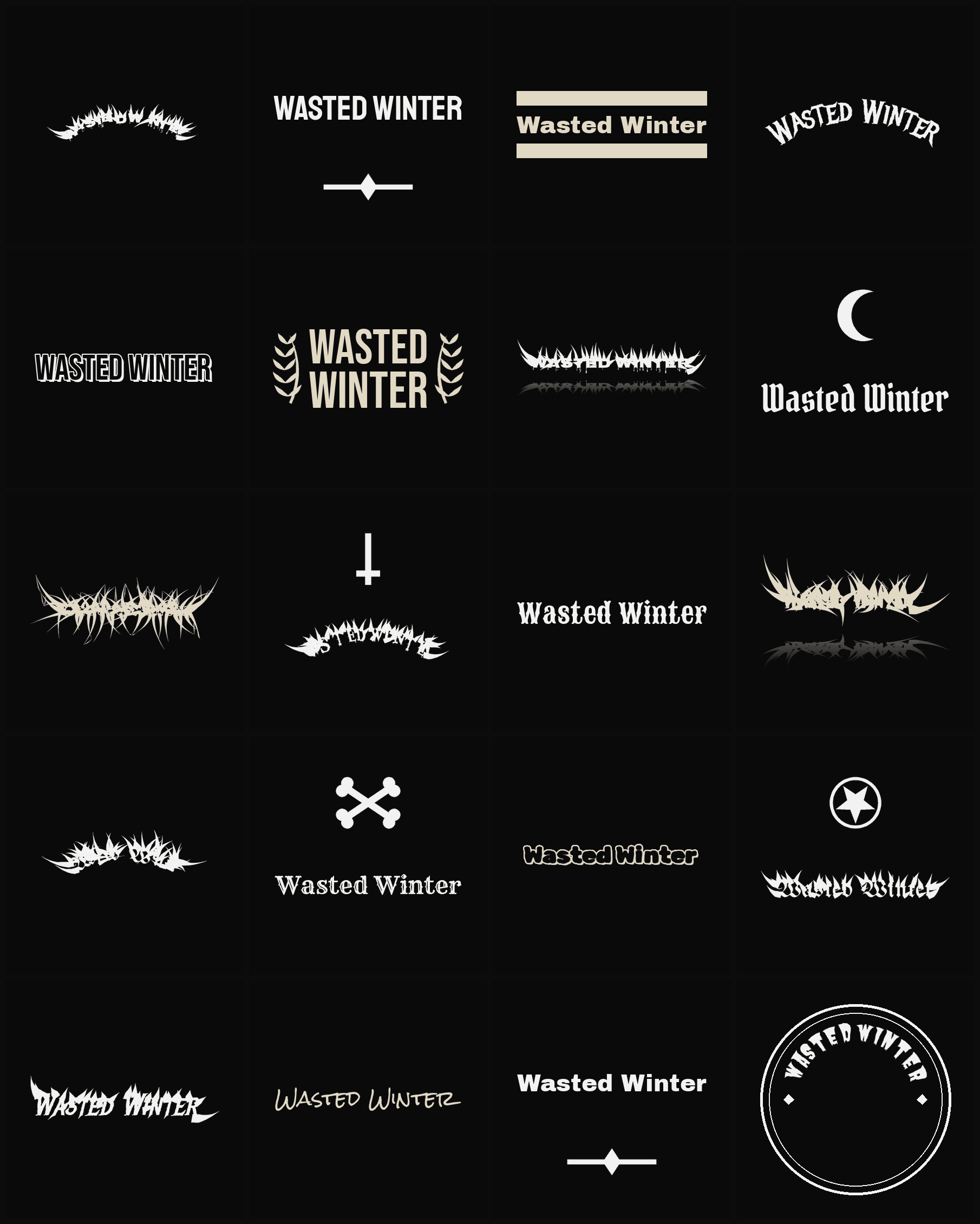 Twenty Wasted Winter band logo ideas — different faces, treatments and spike settings