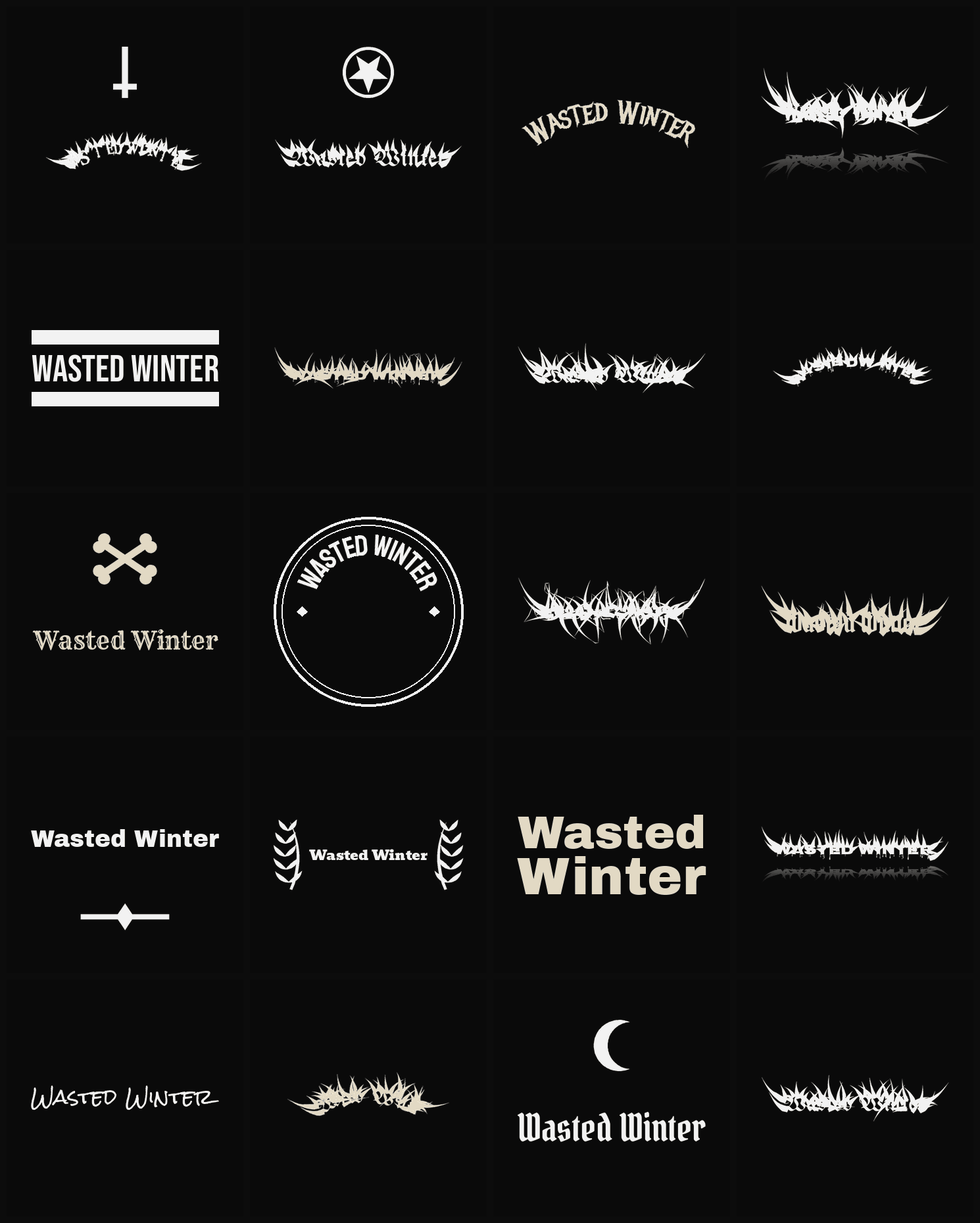 Twenty Wasted Winter band logo ideas — different faces, treatments and spike settings