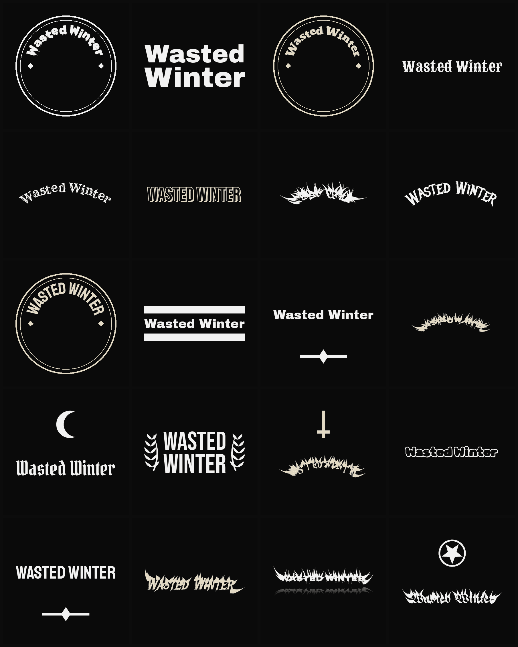 Twenty Wasted Winter band logo ideas — different faces, treatments and spike settings