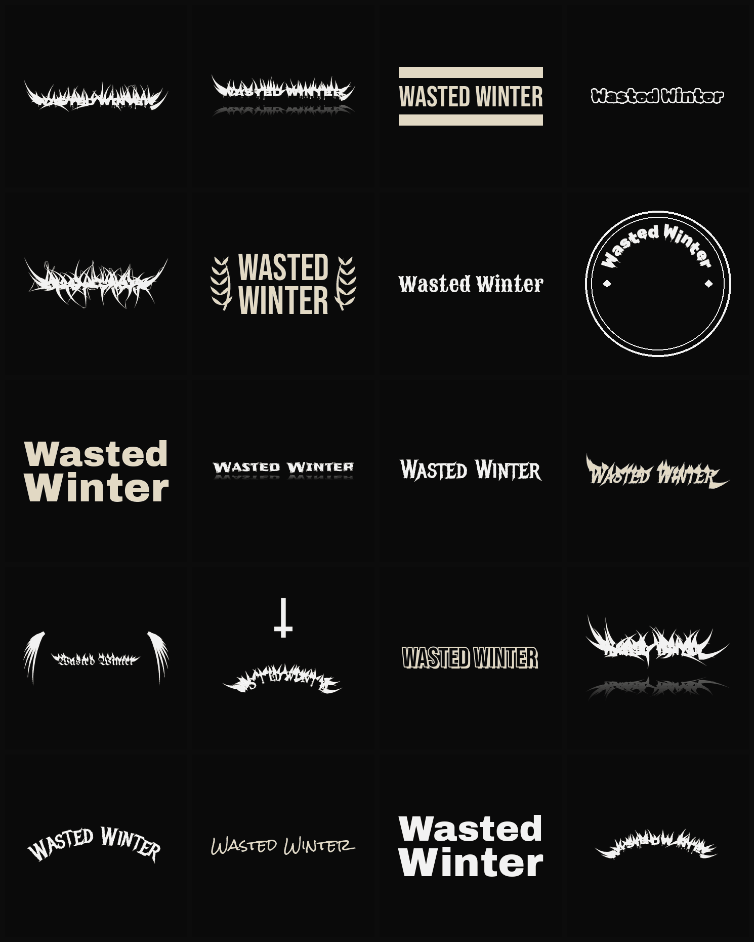 Twenty Wasted Winter band logo ideas — different faces, treatments and spike settings
