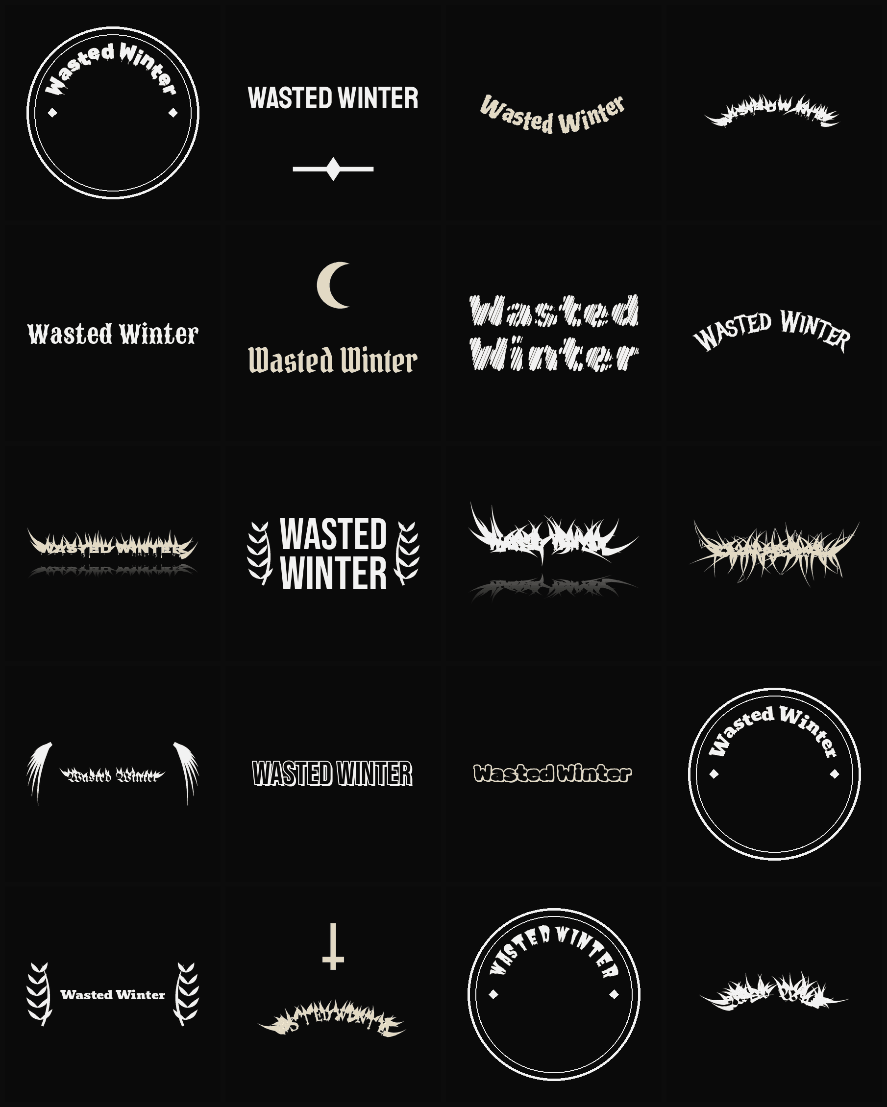 Twenty Wasted Winter band logo ideas — different faces, treatments and spike settings