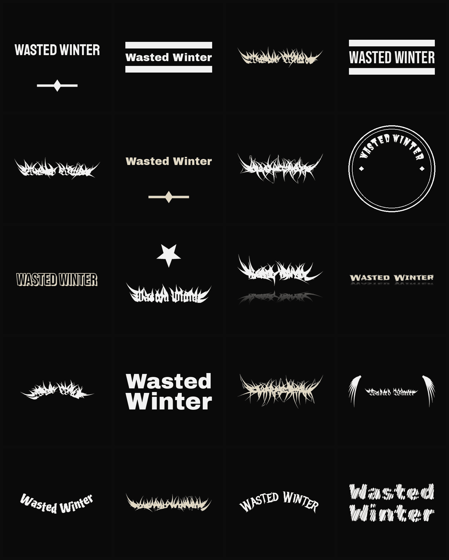 Twenty Wasted Winter band logo ideas — different faces, treatments and spike settings