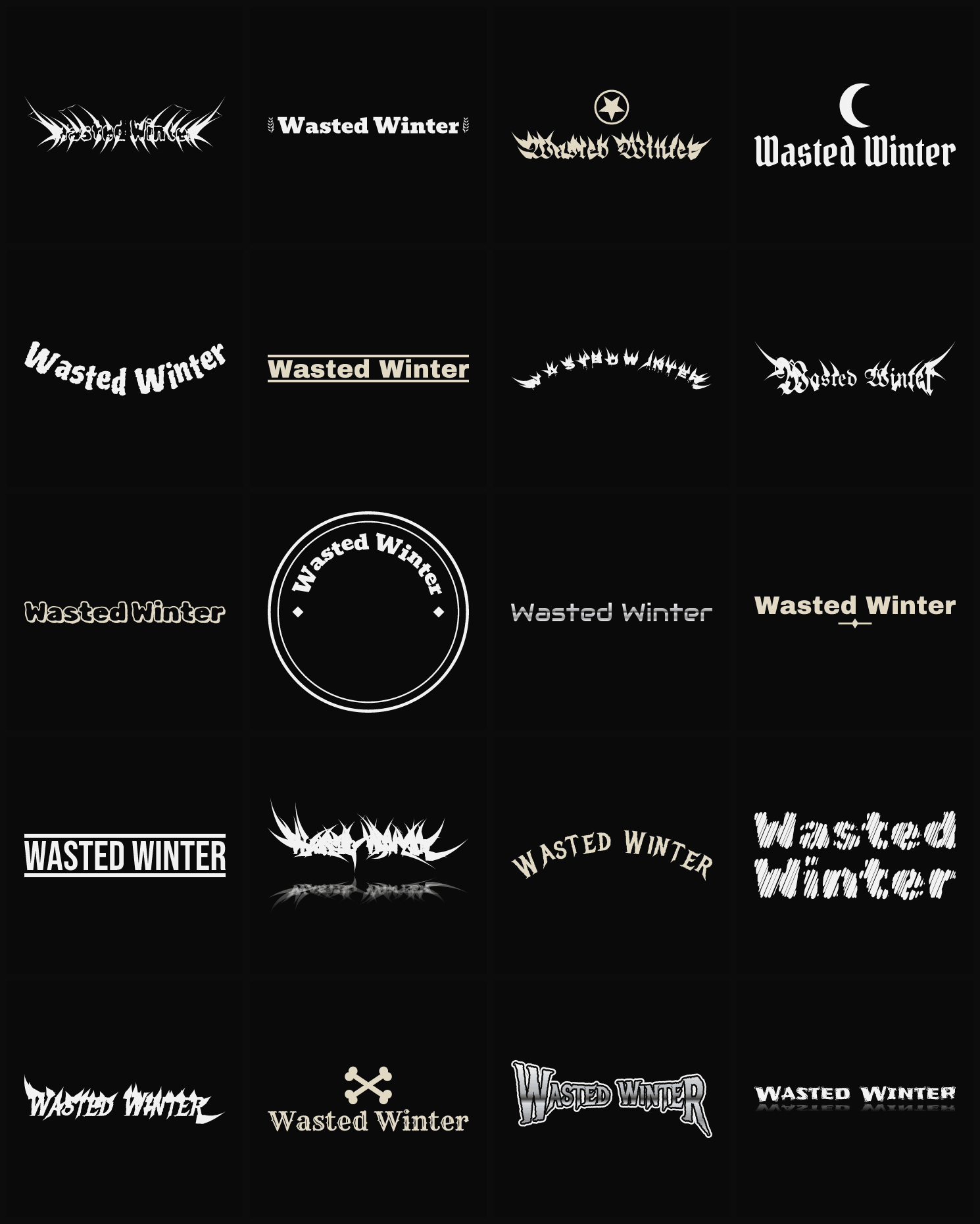 Twenty Wasted Winter band logo ideas — different faces, treatments and spike settings