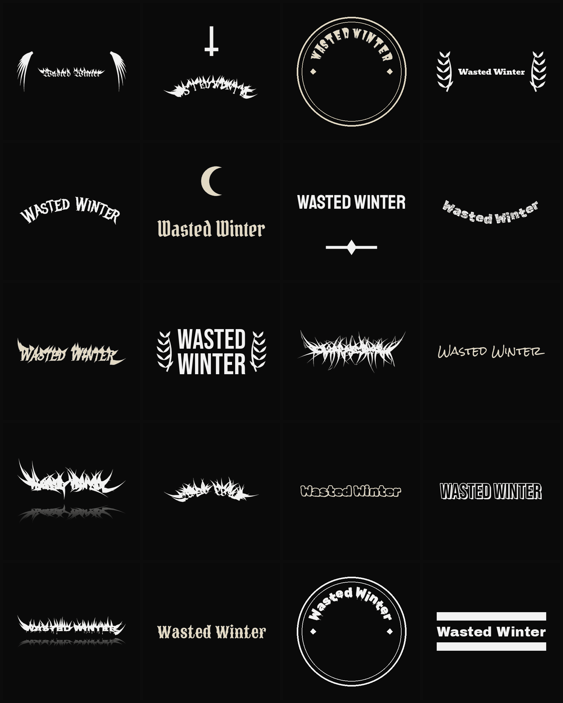 Twenty Wasted Winter band logo ideas — different faces, treatments and spike settings