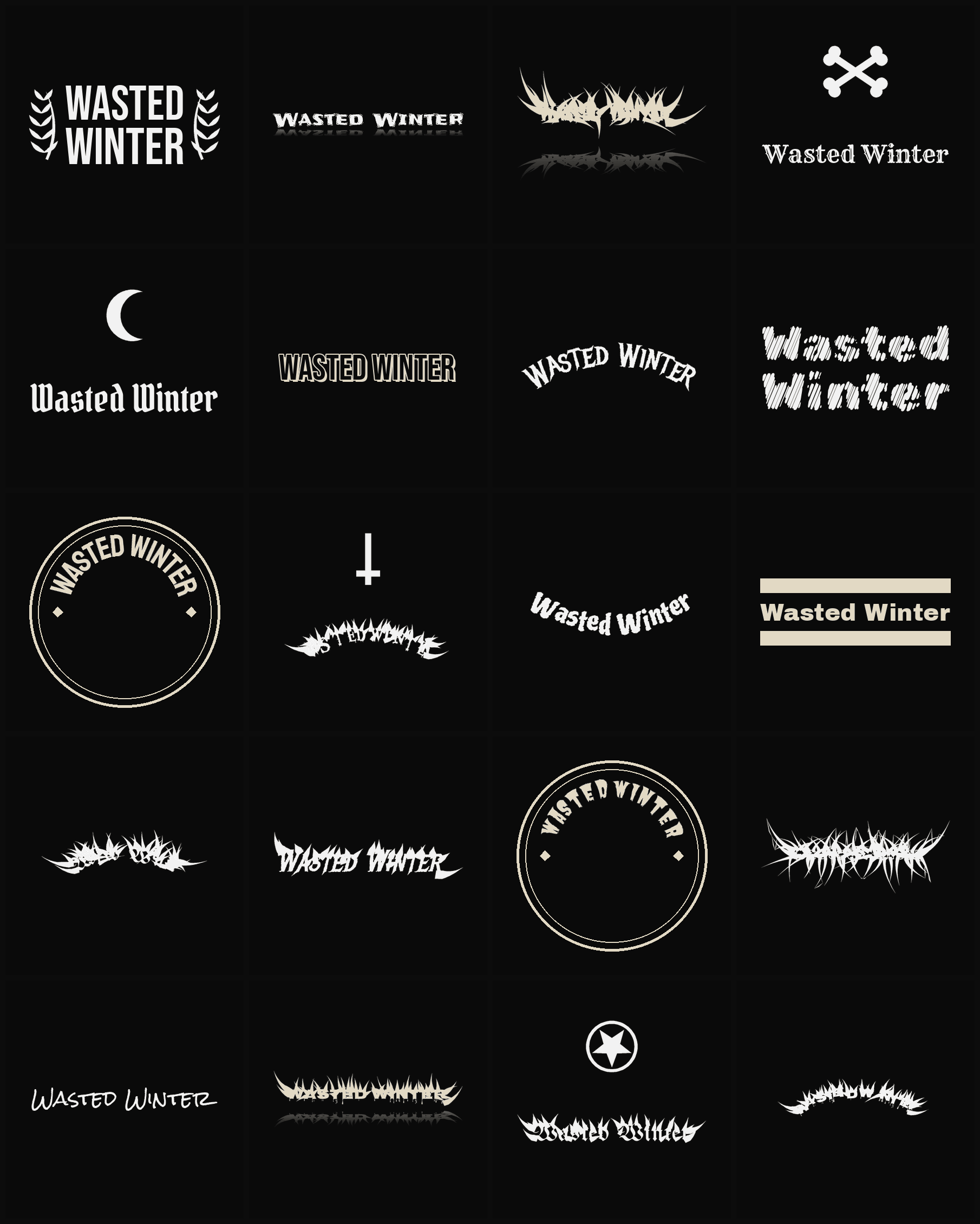 Twenty Wasted Winter band logo ideas — different faces, treatments and spike settings