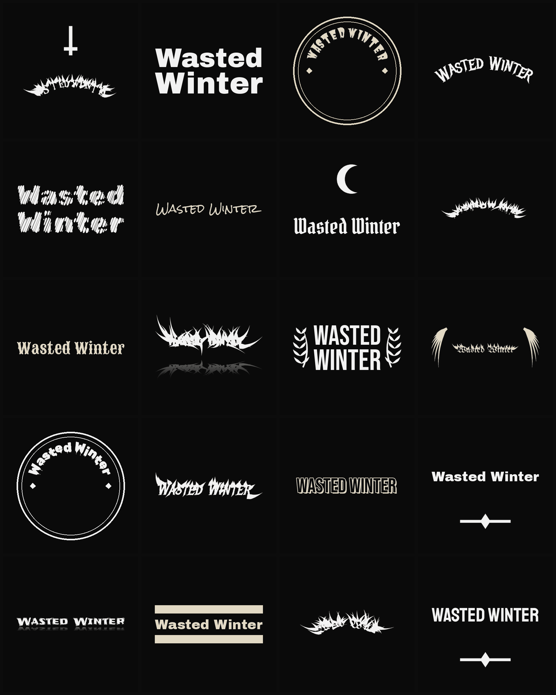 Twenty Wasted Winter band logo ideas — different faces, treatments and spike settings
