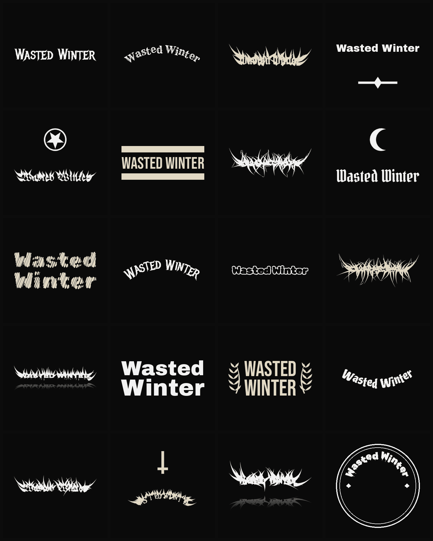 Twenty Wasted Winter band logo ideas — different faces, treatments and spike settings