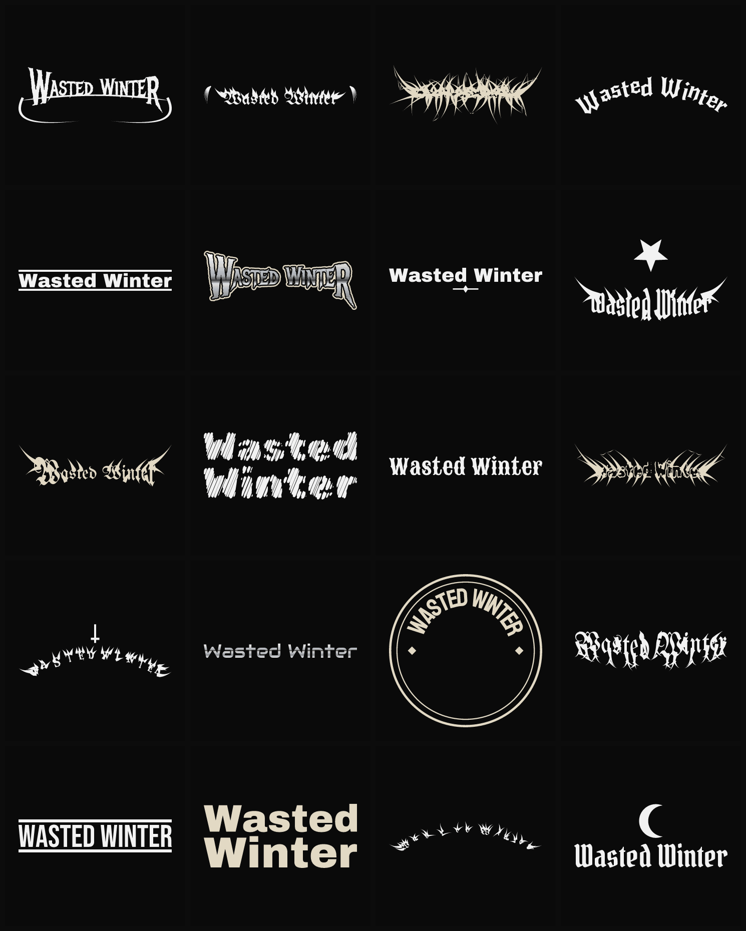 Twenty Wasted Winter band logo ideas — different faces, treatments and spike settings