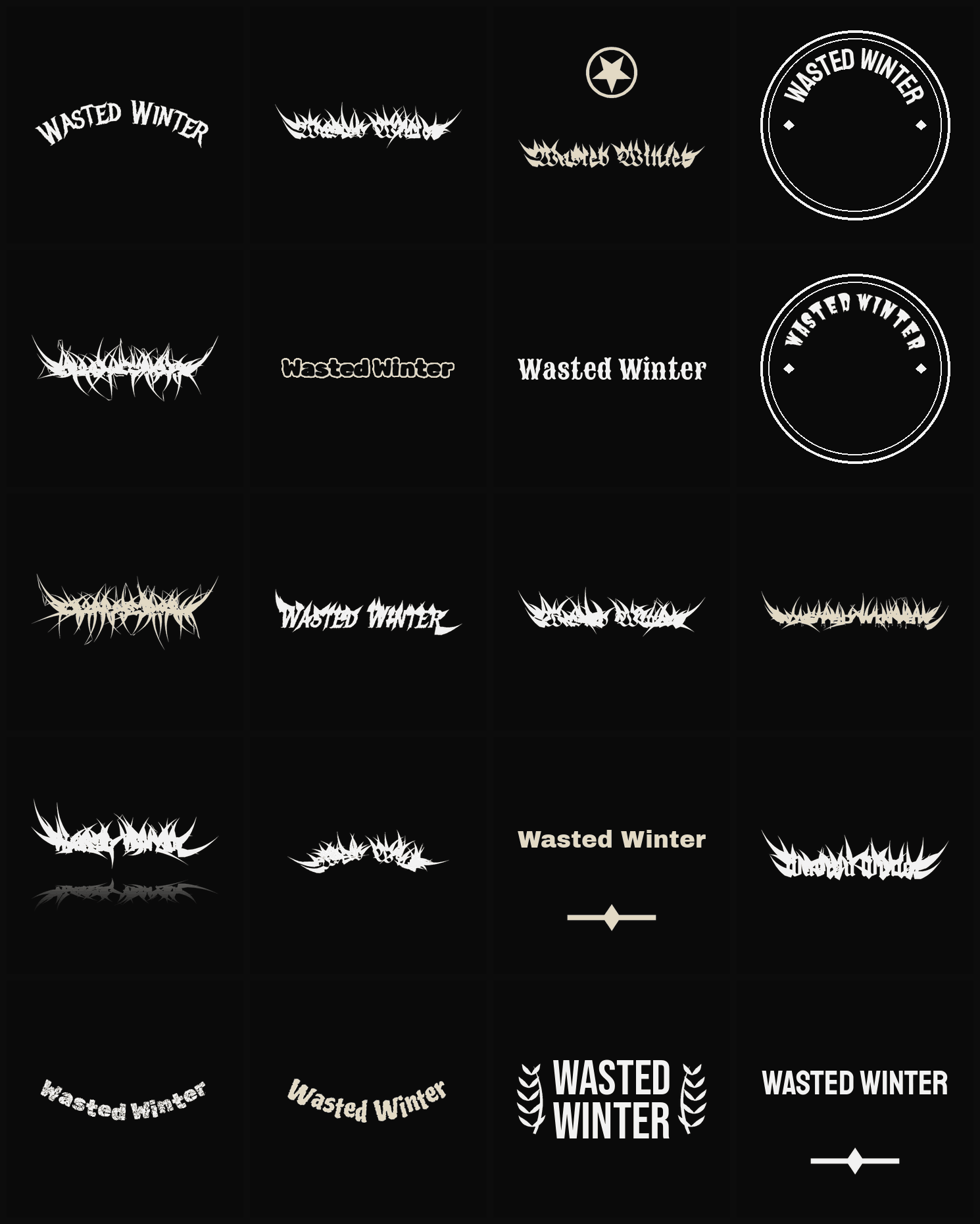Twenty Wasted Winter band logo ideas — different faces, treatments and spike settings