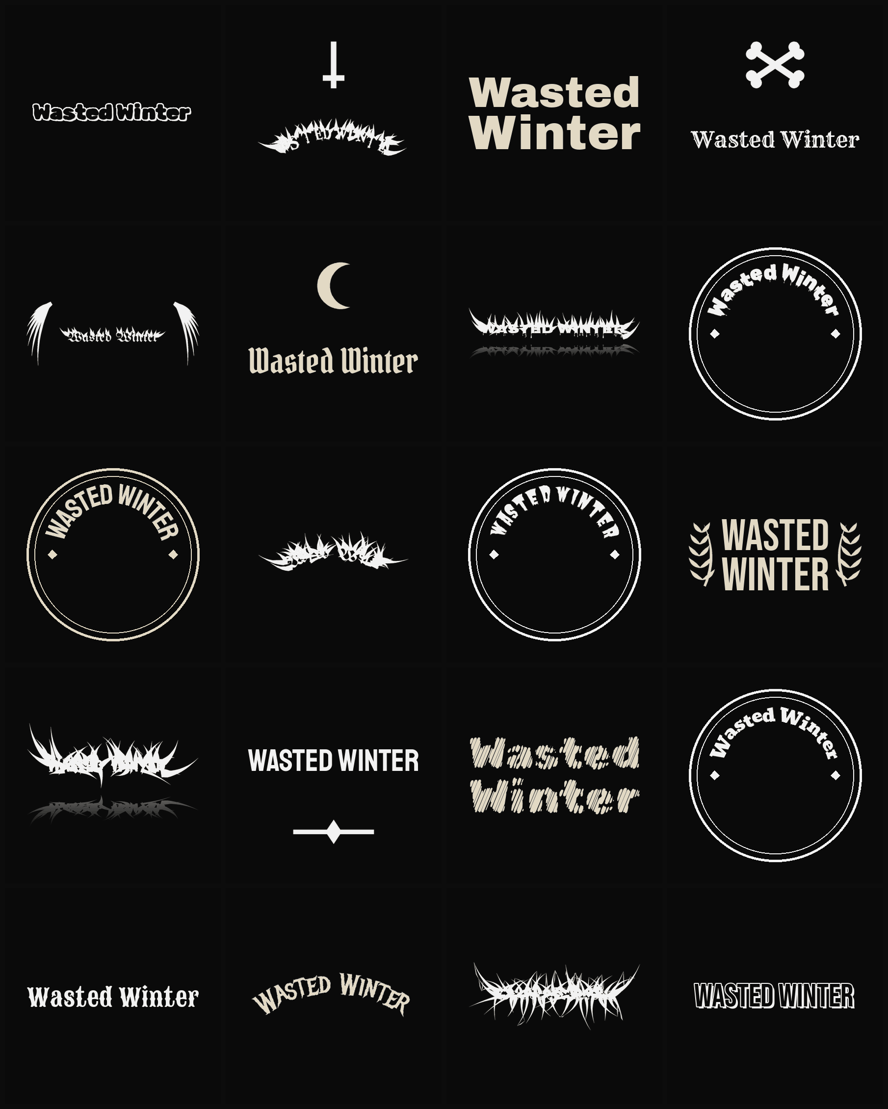 Twenty Wasted Winter band logo ideas — different faces, treatments and spike settings