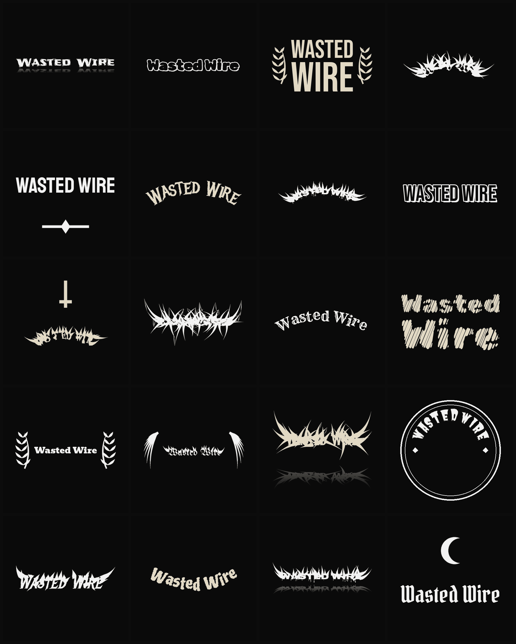 Twenty Wasted Wire band logo ideas — different faces, treatments and spike settings