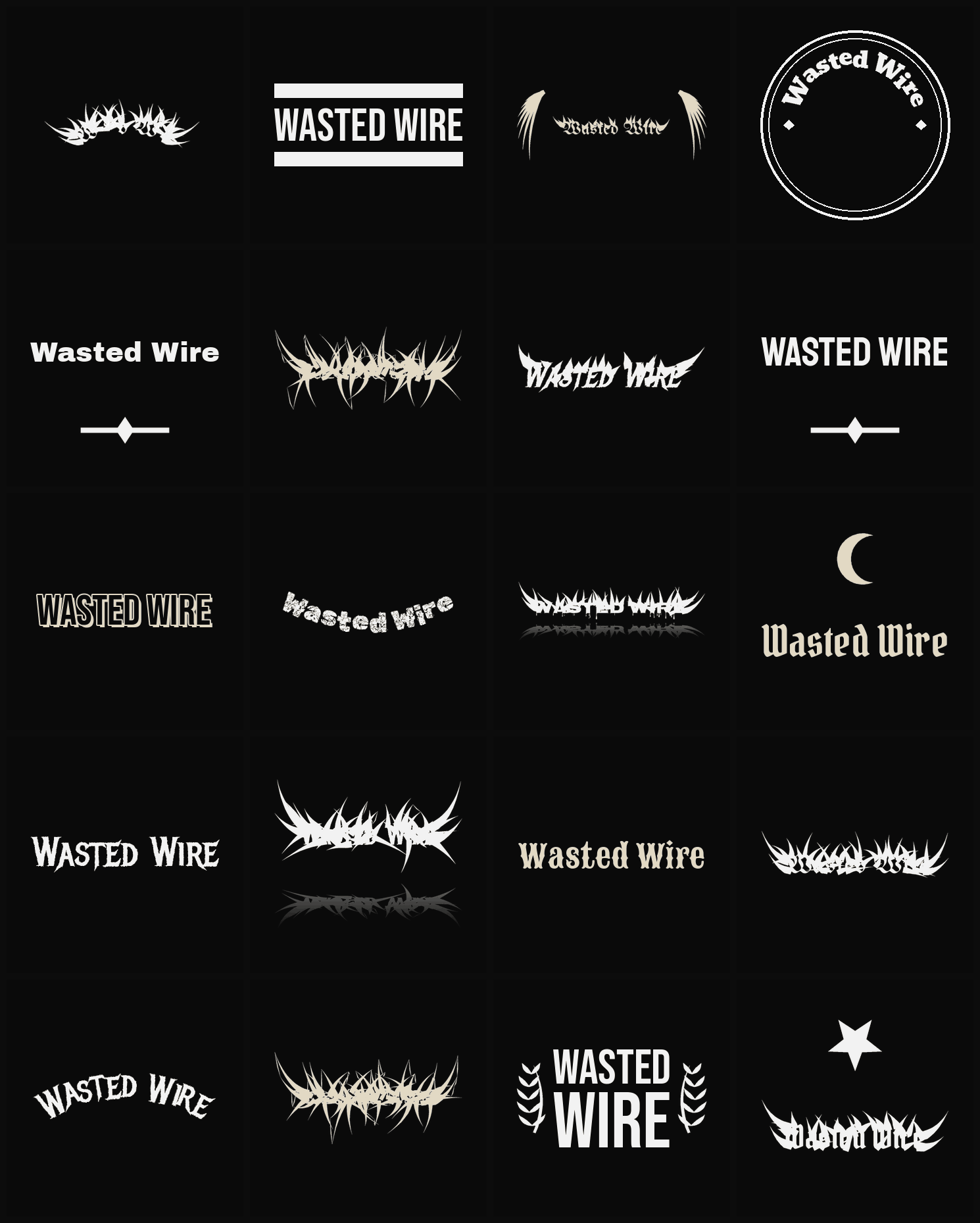 Twenty Wasted Wire band logo ideas — different faces, treatments and spike settings