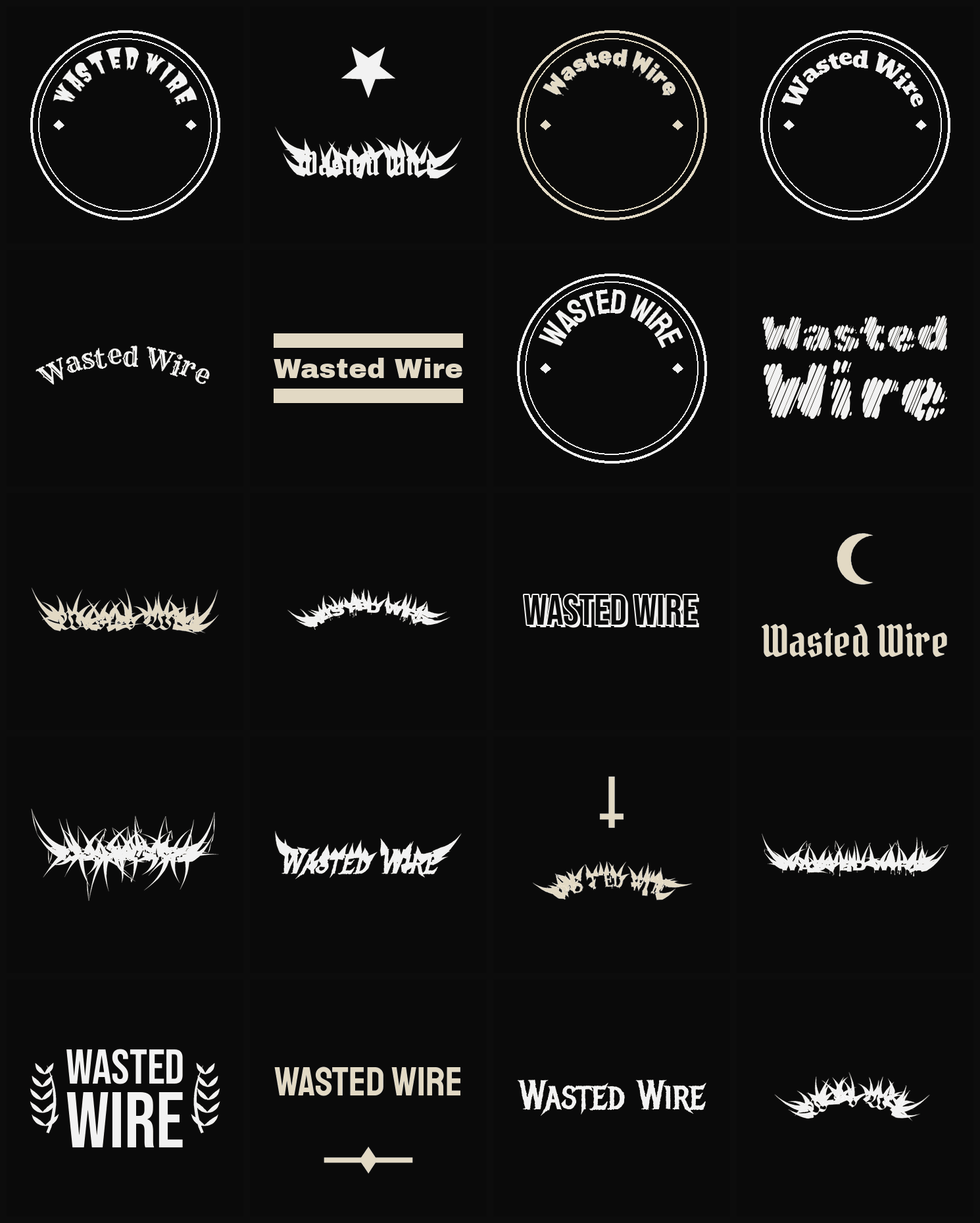 Twenty Wasted Wire band logo ideas — different faces, treatments and spike settings