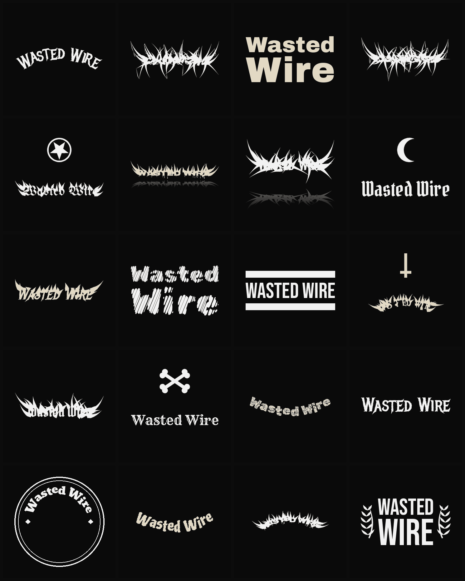 Twenty Wasted Wire band logo ideas — different faces, treatments and spike settings