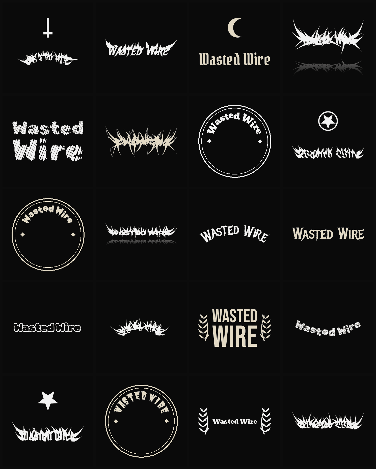 Twenty Wasted Wire band logo ideas — different faces, treatments and spike settings