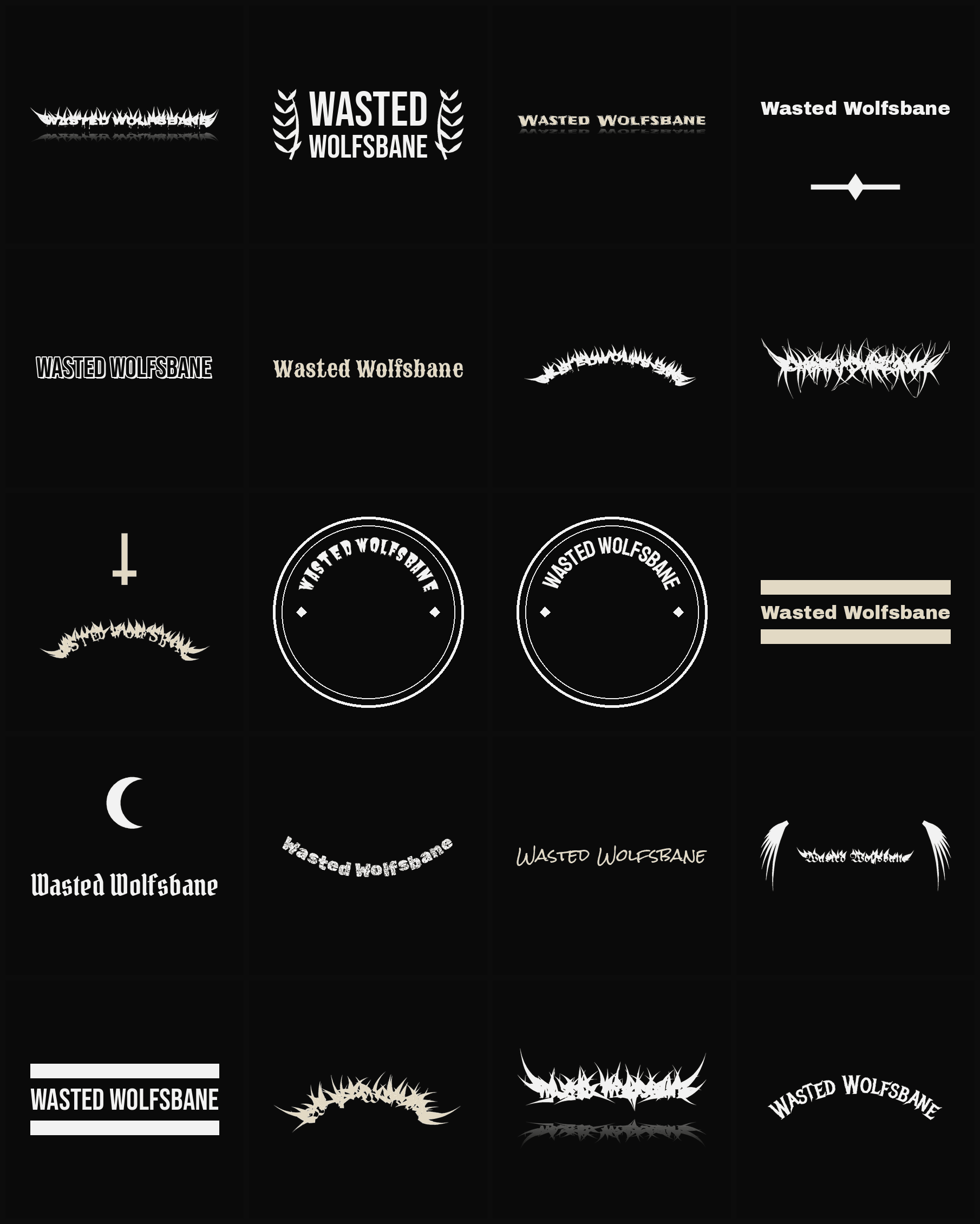 Twenty Wasted Wolfsbane band logo ideas — different faces, treatments and spike settings