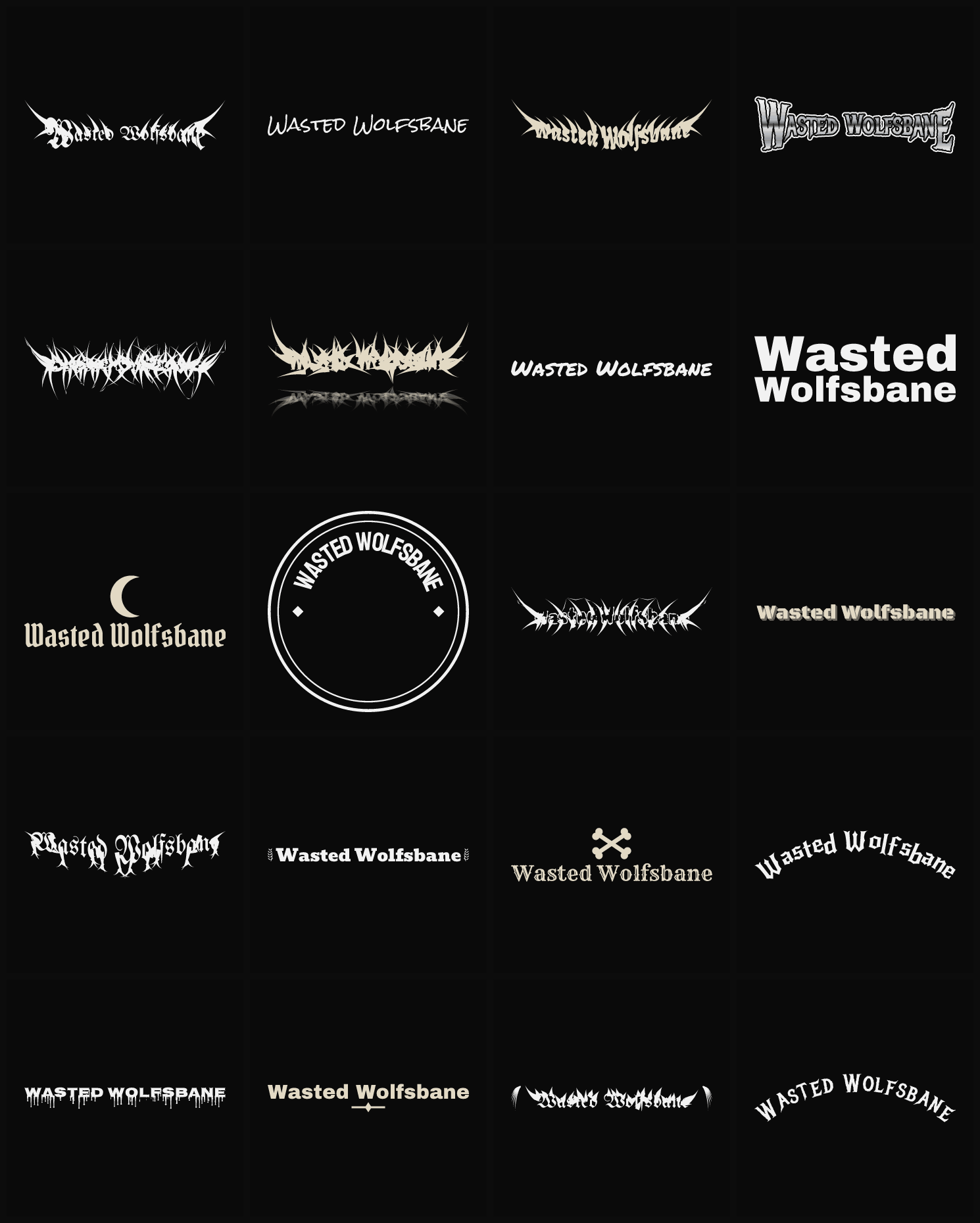 Twenty Wasted Wolfsbane band logo ideas — different faces, treatments and spike settings