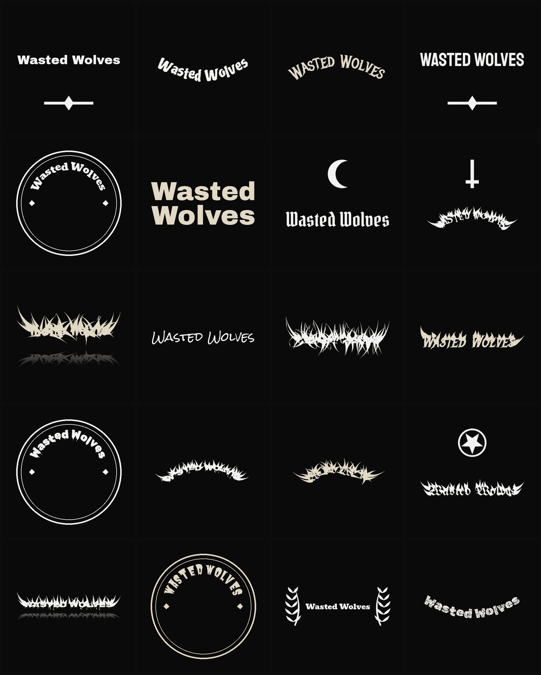Twenty Wasted Wolves band logo ideas — different faces, treatments and spike settings