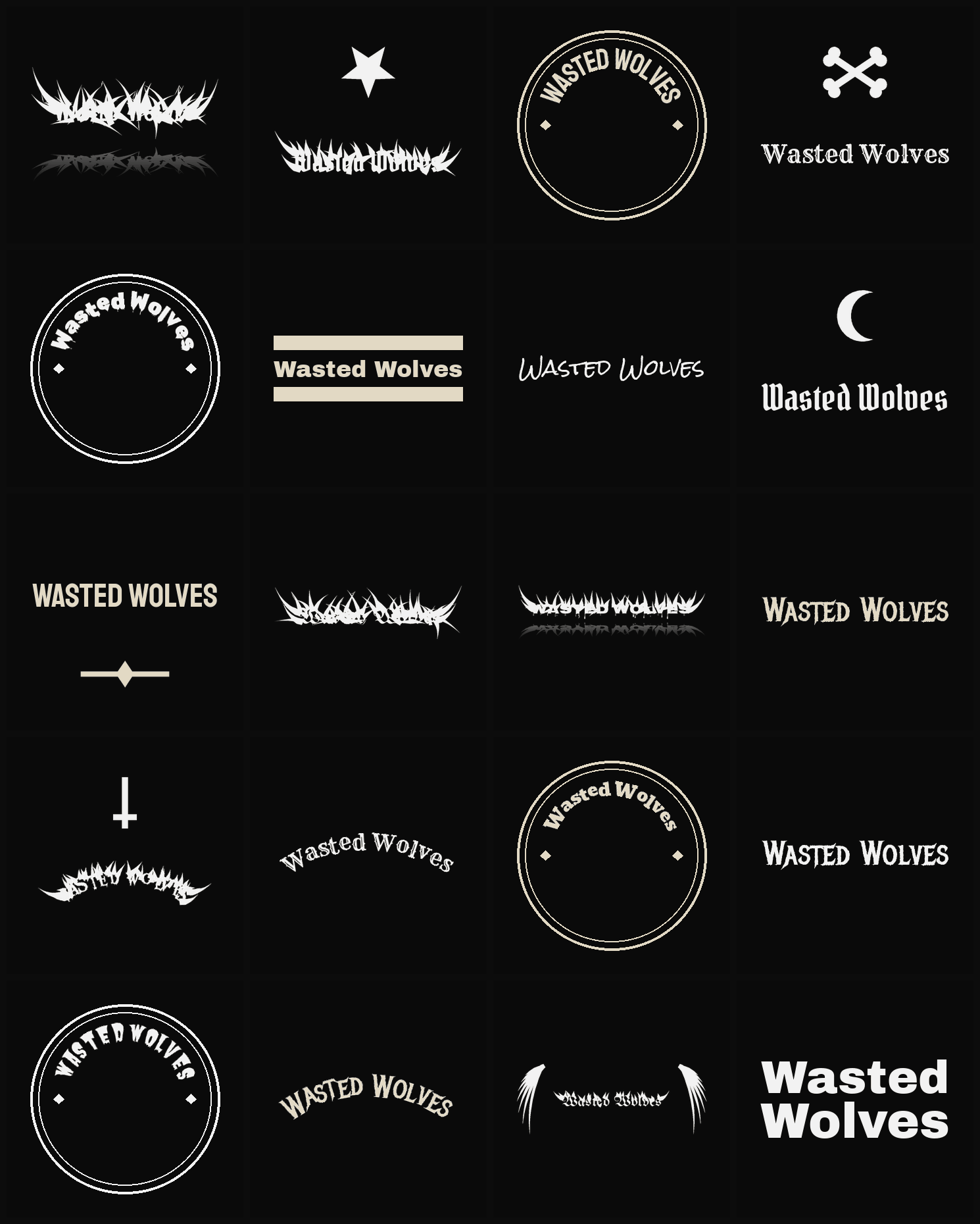 Twenty Wasted Wolves band logo ideas — different faces, treatments and spike settings