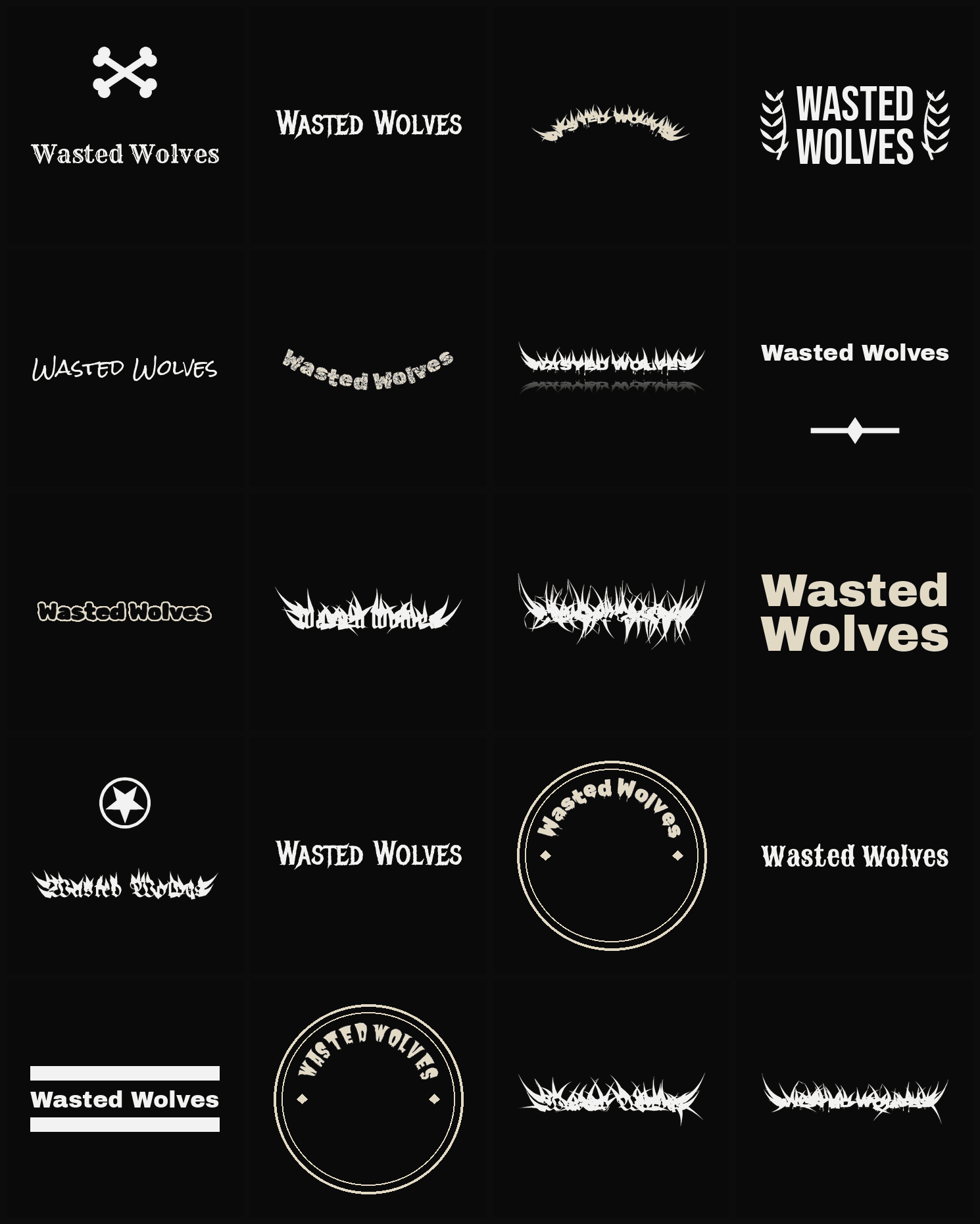 Twenty Wasted Wolves band logo ideas — different faces, treatments and spike settings