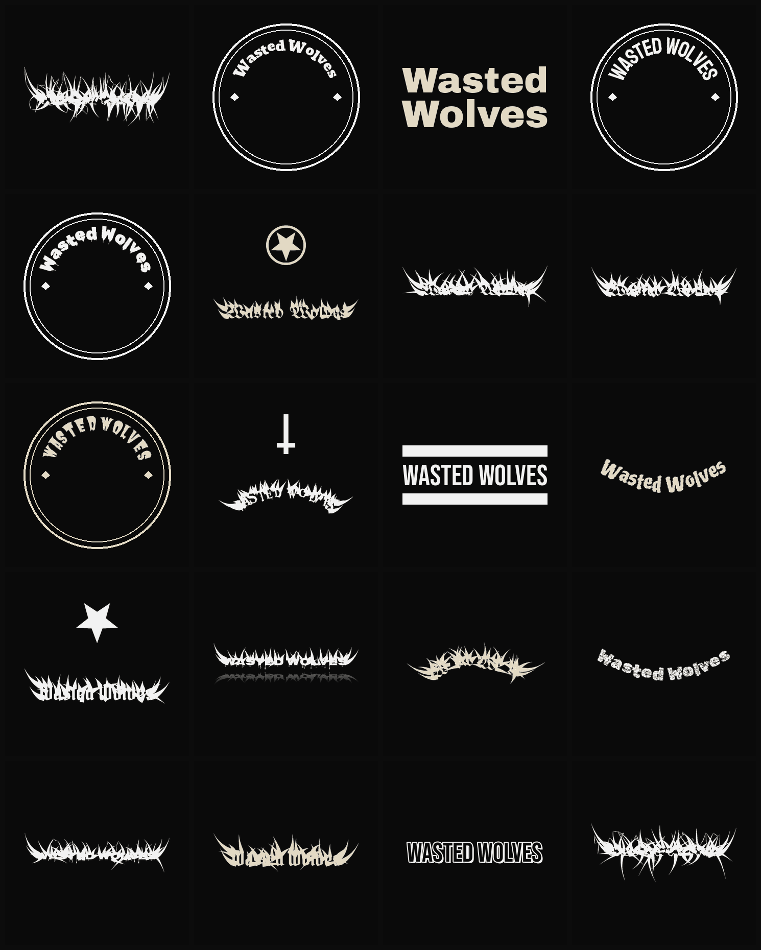 Twenty Wasted Wolves band logo ideas — different faces, treatments and spike settings