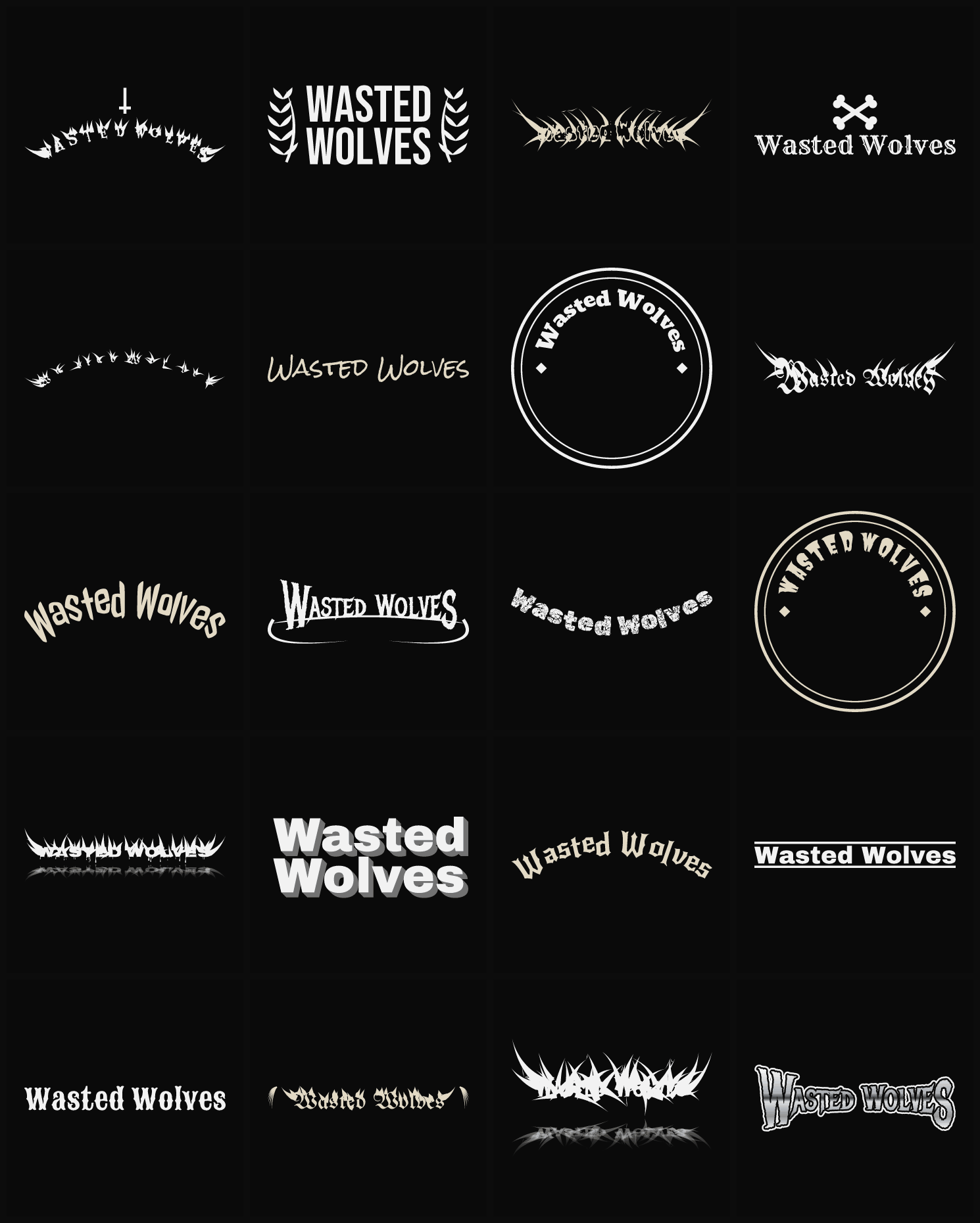Twenty Wasted Wolves band logo ideas — different faces, treatments and spike settings